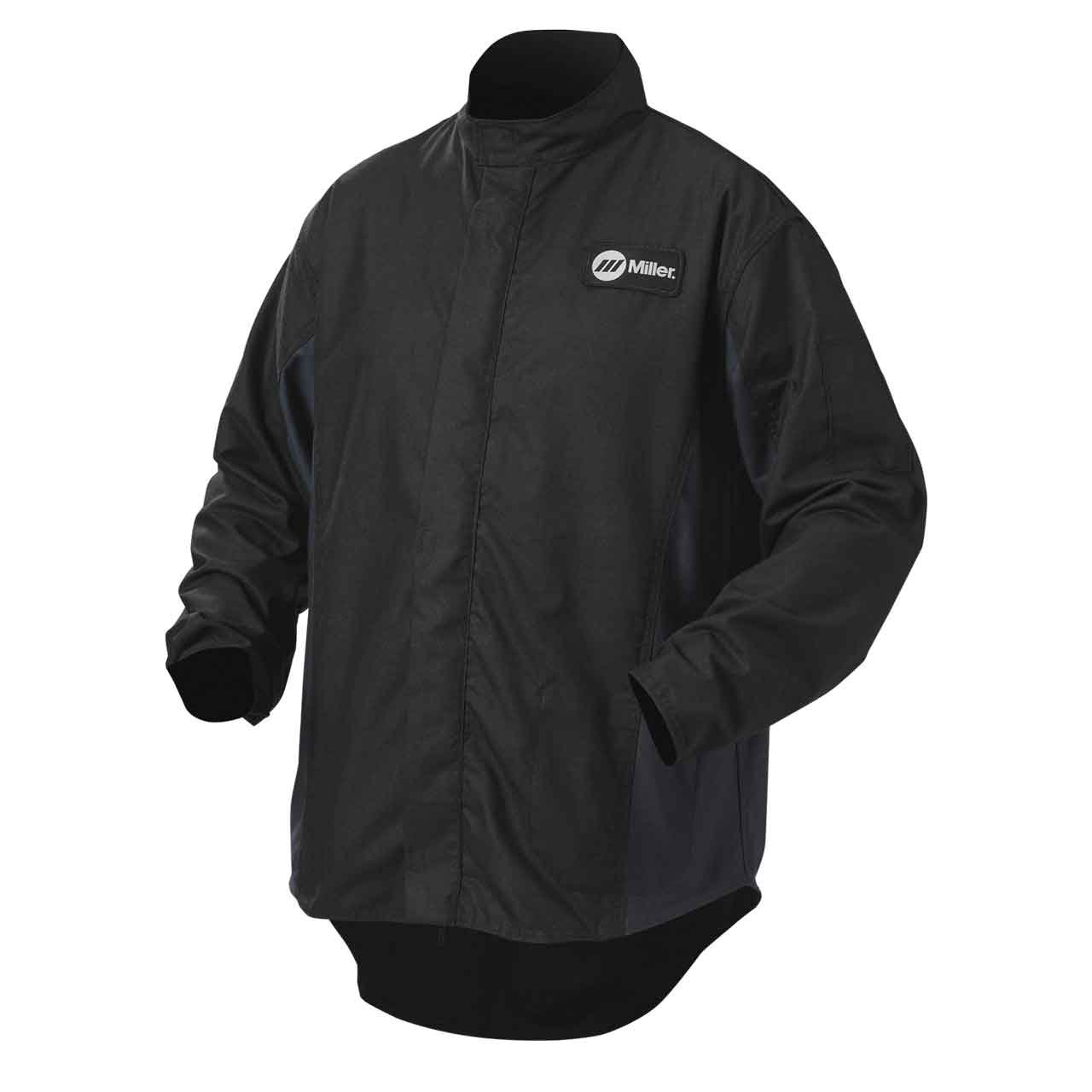 Miller Electric Welding Jacket - Flame Resistant Workwear for Men (Black/Navy, Medium Size) with 2 Convenient Pockets - Ideal for Metal Fabrication, Construction & DIY Welding Projects
