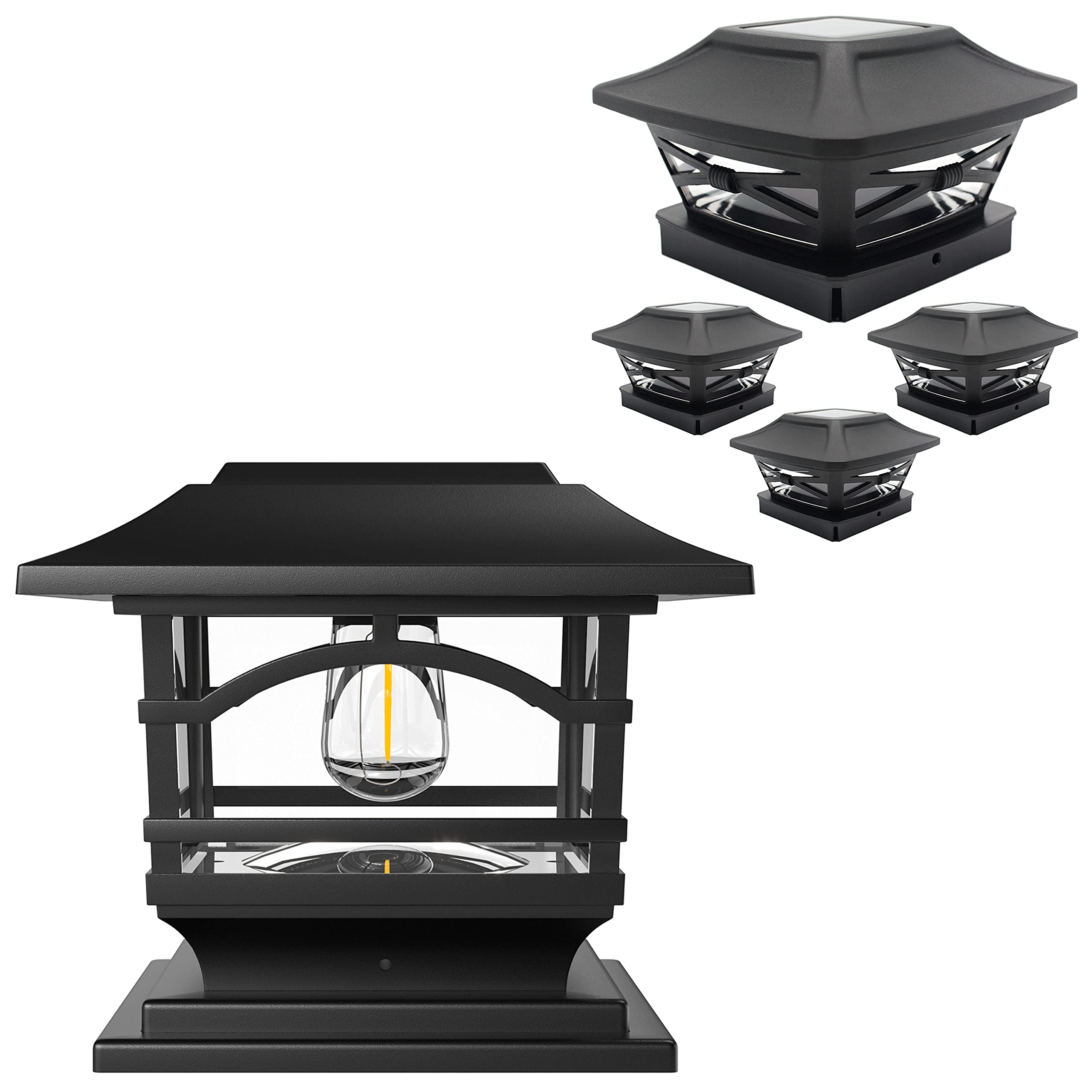 Davinci Lighting Renaissance (4 Pack) and Edison (1 Pack) Solar Post Cap Lights - Slate Black | Outdoor Solar Deck & Fence Lighting for Garden, Patio, Pathway | Weatherproof & Energy Saving