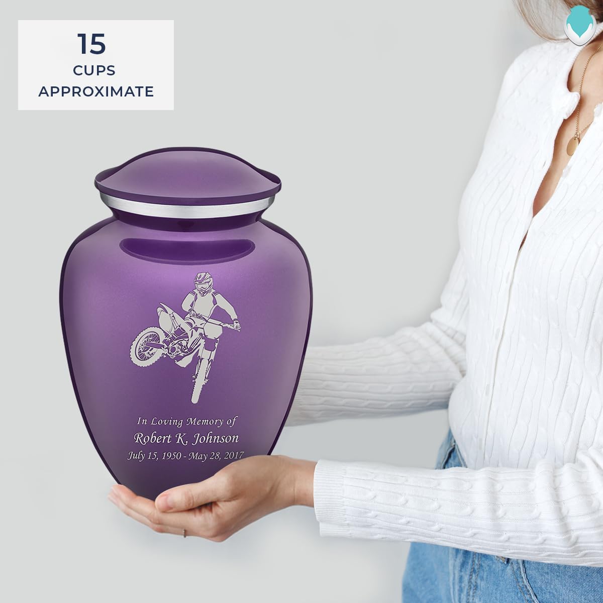 Personalized Dirtbike Cremation Urn for Ashes - Large Purple Funeral Urn for Men & Women with Double-Sided Engraving (Holds 200 lbs) - Memorial Keepsake for Motorcycle Lovers & Outdoor Enthusiasts