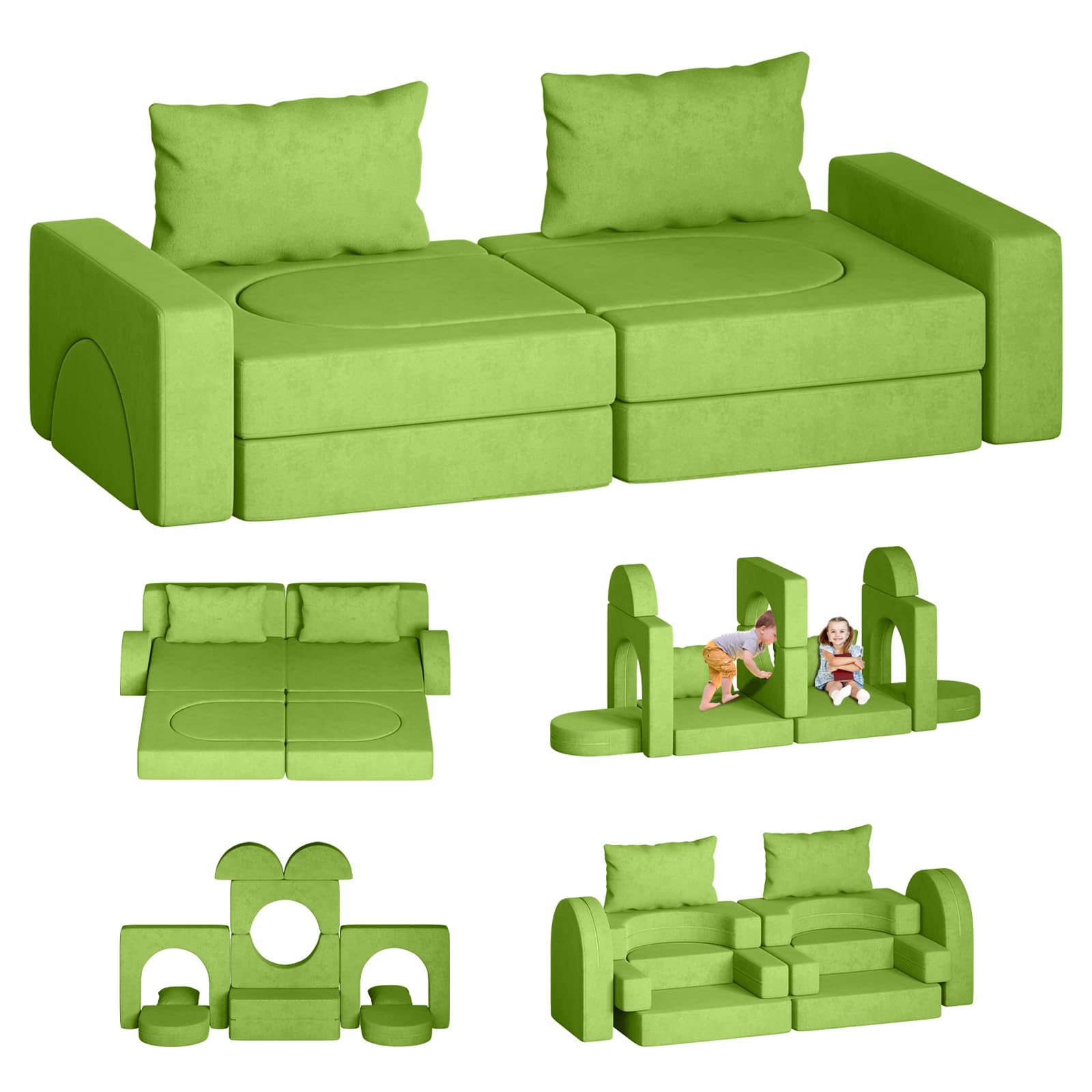 12PCS Modular Kids Play Couch with 2 Pillows & Tunnel - Foldable Toddler Sofa for Playroom & Bedroom - 2000+ Creative Play Ideas - Grass Green - Perfect for Indoor Playtime, Reading Nook & Imaginative Games (Boys & Girls)