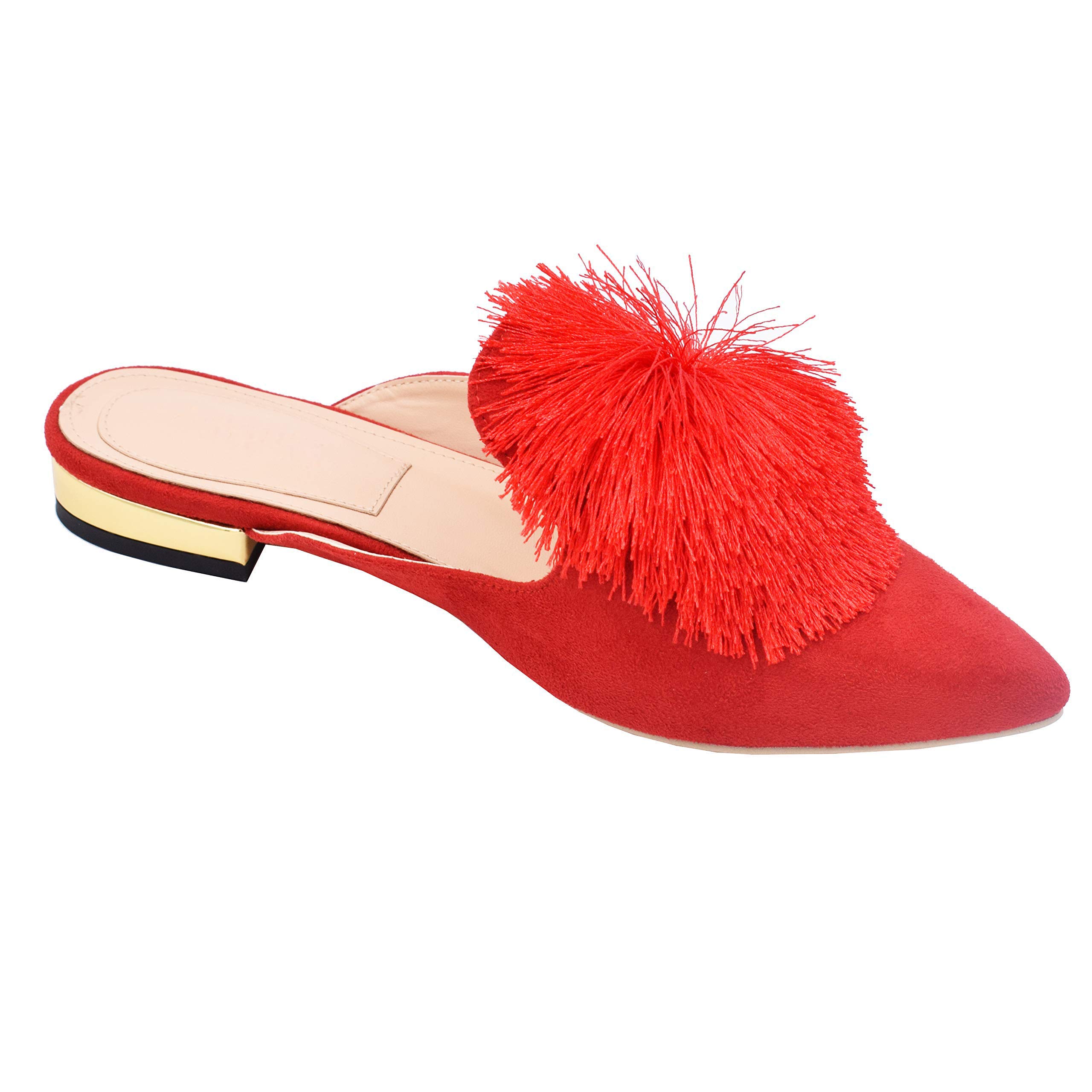 Fericzot Women's Slip-On Mule Loafers - Backless Pointed Toe Flats with Puff Pompom | Comfortable Casual Shoes & House Slippers for Work, Travel & Home Wear