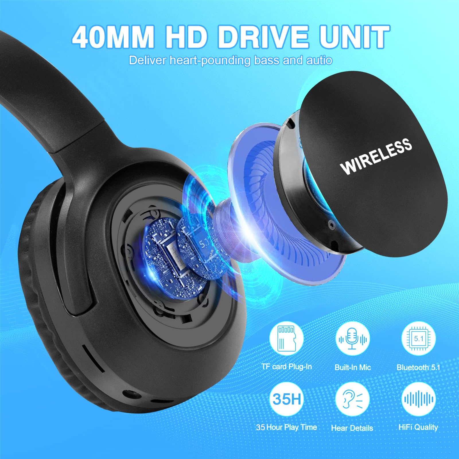Wireless Bluetooth Over-Ear Headphones with Microphone - 35H Playtime, HiFi Stereo Sound, Foldable & Lightweight Design, Deep Bass for Home, Office, PC & Mobile - Ivory White | Perfect for Work, Travel & Music Lovers