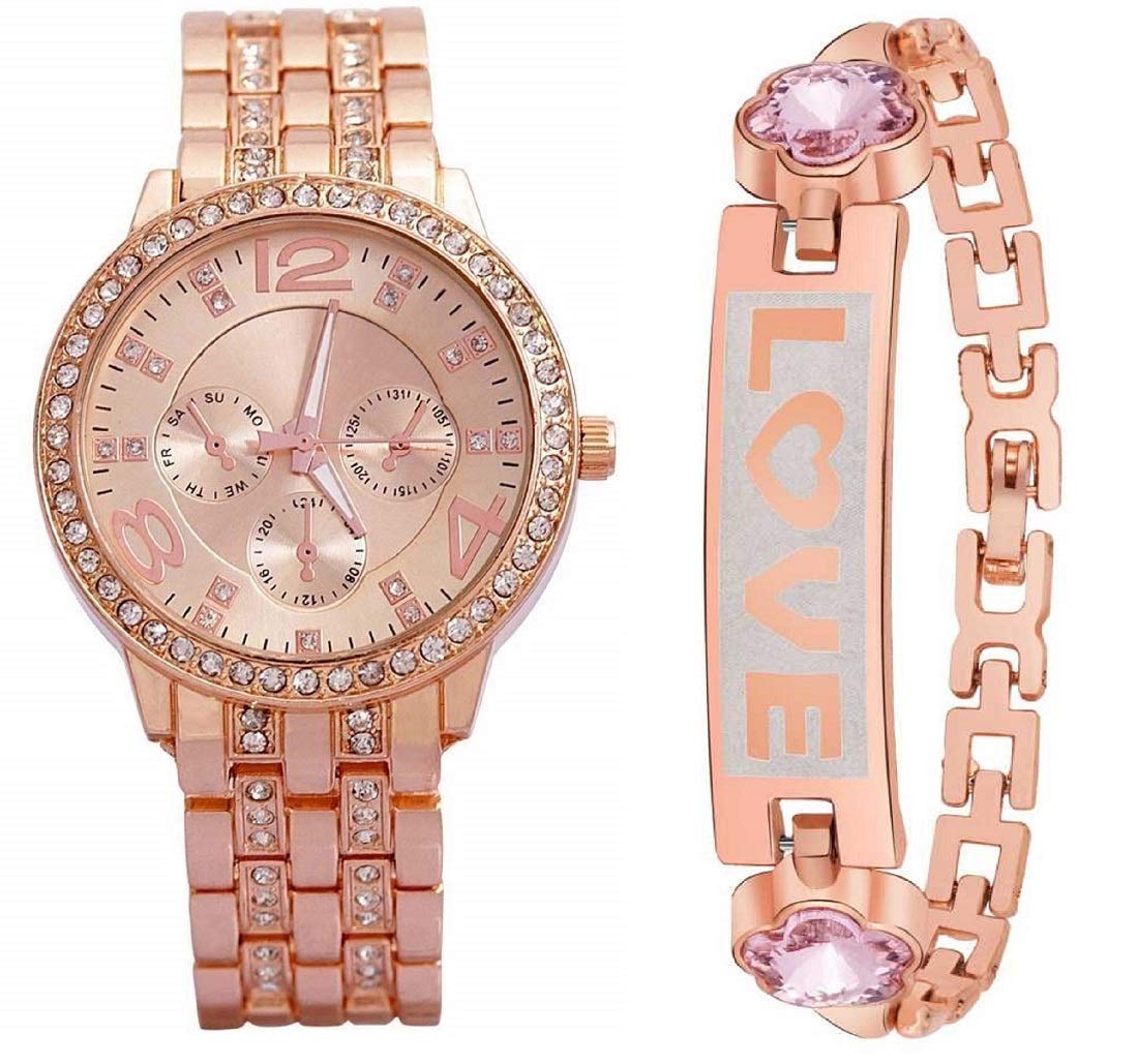 ZUPERIA Rose Gold Diamond Studded Analog Watch & Love Bracelet Set - Elegant Women's Jewelry for Date Night, Wedding & Special Occasions