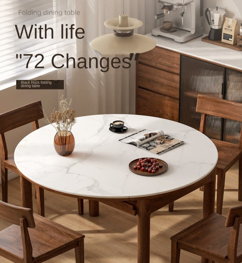 Solid Black Walnut & Ash Wood Folding Dining Table - Extendable Rock Plate Design for Small Spaces, Apartments & Outdoor Dining
