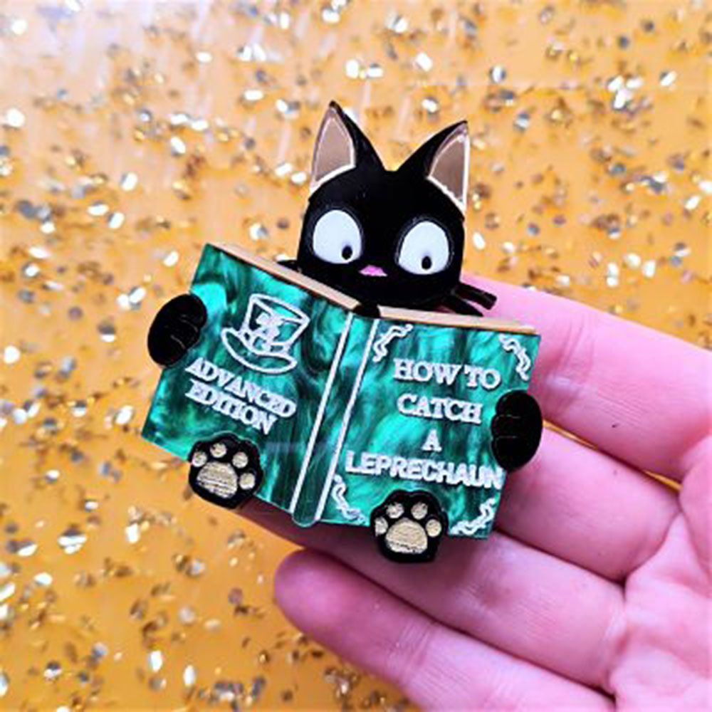 Catch A Leprechaun Book Cat Brooch - Irish-Themed Cat Pin for St. Patrick's Day - Perfect for Book Lovers & Jewelry Collectors by Cherryloco Jewellery