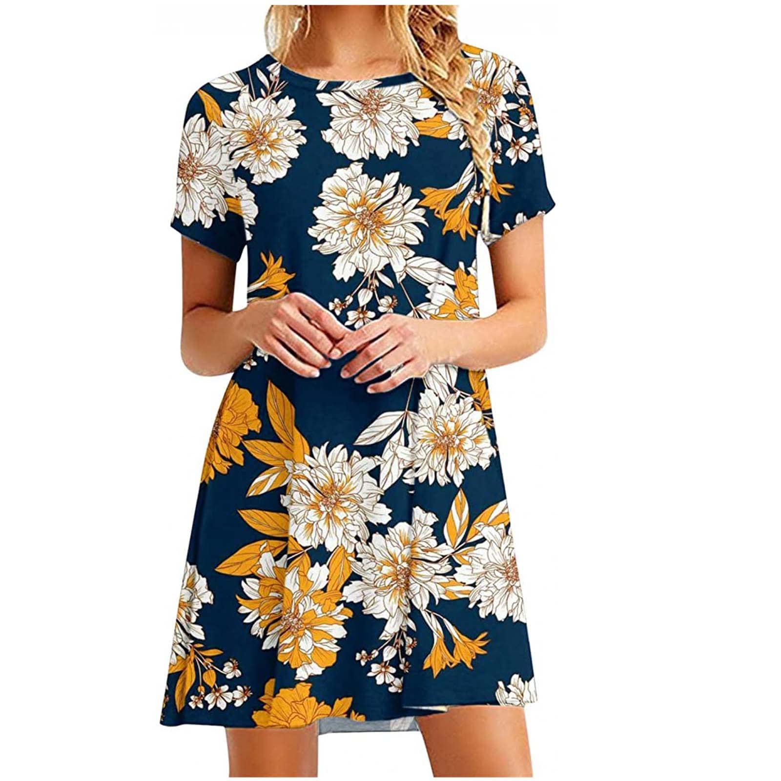 Women's Floral Print Short Sleeve Dress - Loose Fit Mini Dress for Casual Wear, Straight Cut Midi Dress with Round Neck | Perfect for Summer Outfits, Beach Vacations & Date Nights