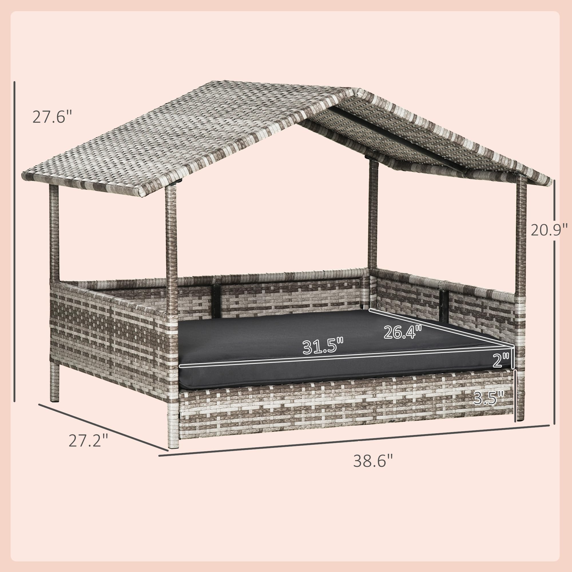 PawHut Outdoor Wicker Dog House with Canopy - Rattan Pet Bed with Waterproof Cushion - Elevated Dog Bed for Small & Medium Dogs up to 66 lbs (19.75