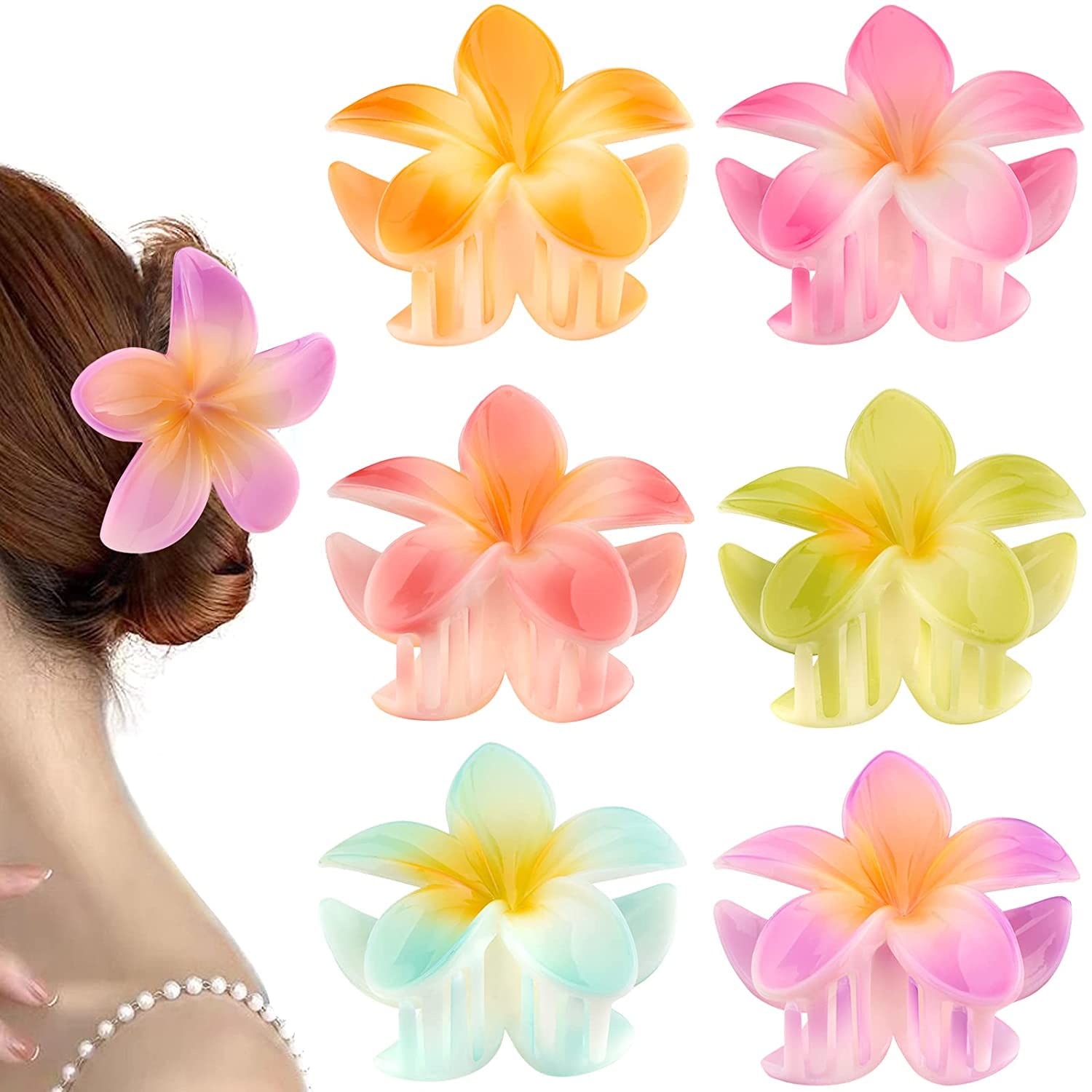 6 Pack Large Flower Hair Claw Clips for Women - Vintage 90s Strong Hold Jaw Clips for Thin, Thick & Curly Hair - Hawaiian Floral Hair Accessories for Beach, Party & Everyday Use