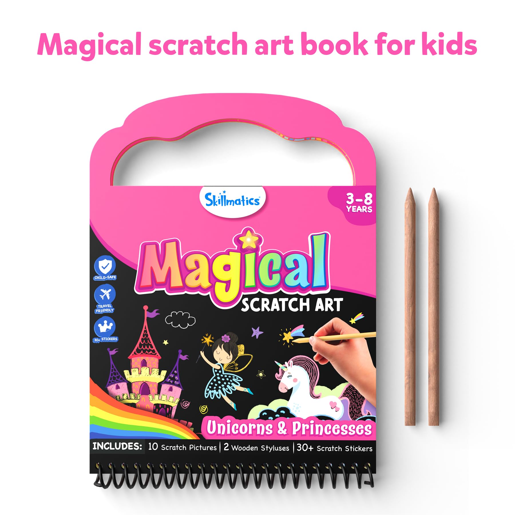 Skillmatics Scratch Art Book for Kids - Unicorns & Princesses DIY Craft Kit with 30+ Scratch Stickers, Travel Toys & Creative Supplies | Perfect Gift for Girls & Boys Ages 3-8 | Fun Activities for Birthday Parties, Road Trips & Rainy Day Play