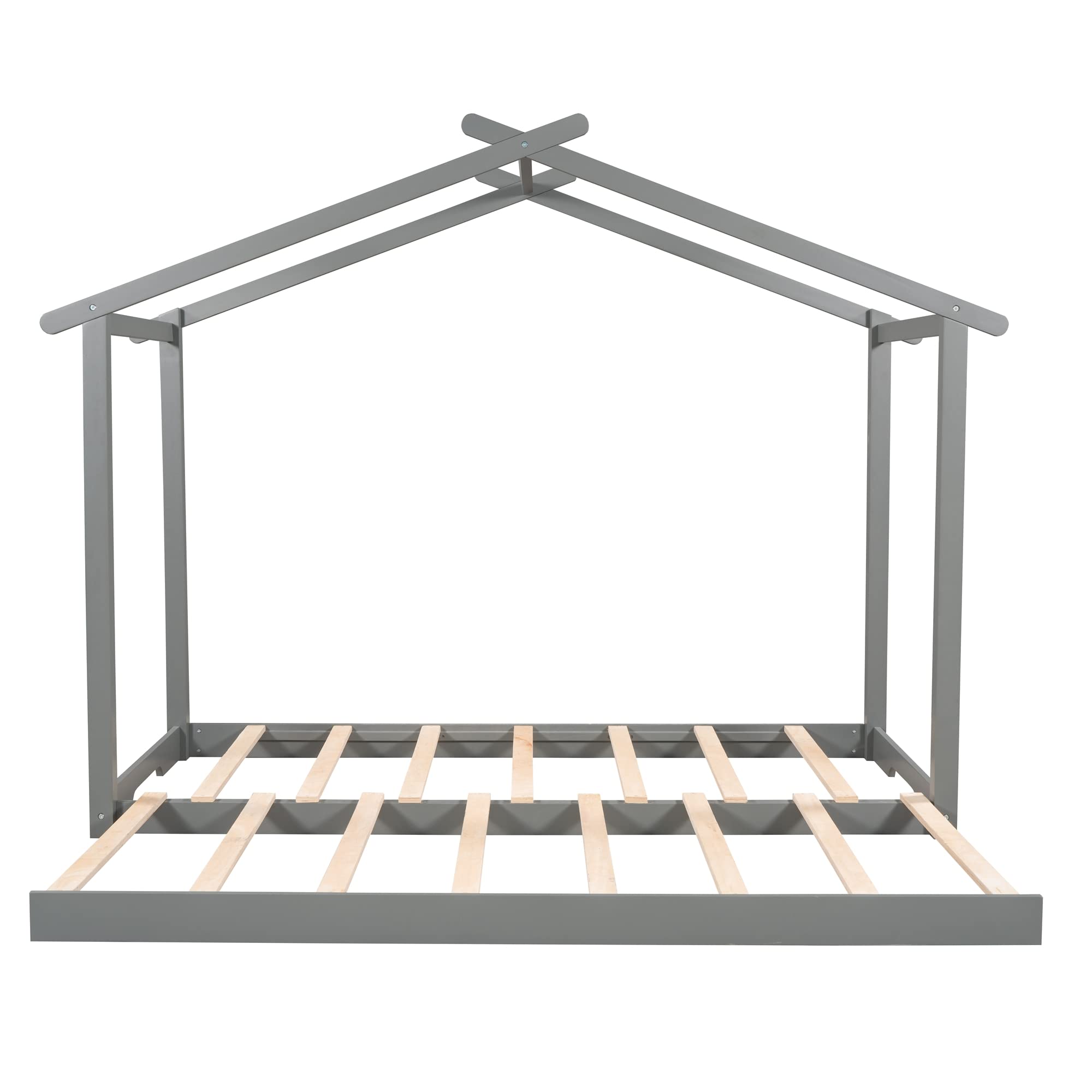 RUNNA Solid Wood Daybed Twin to King Size Convertible Bed with Trundle - House Shaped Platform Bed for Kids & Adults - Includes Wood Slats & Floor Bed Tent - Perfect for Bedroom, Living Room, Guest Room (Gray+Wood+King) - Great for Sleepovers, Playtime & Space Saving