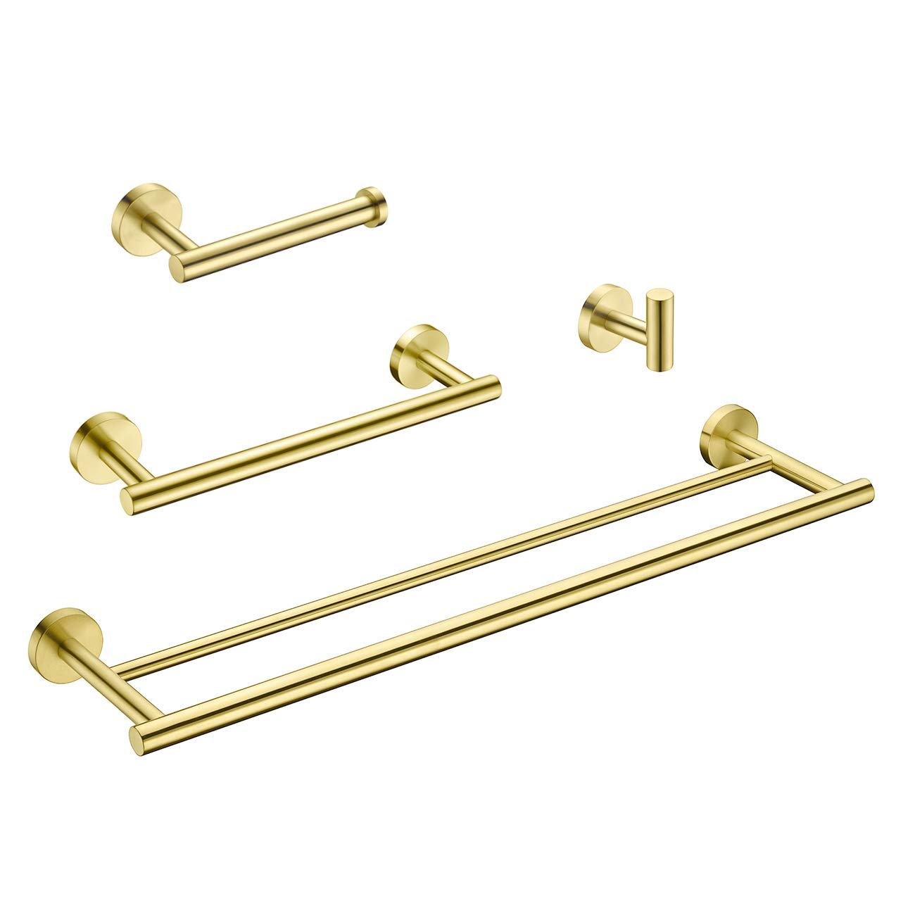 Premium 4-Piece Stainless Steel Bathroom Accessories Set - Brushed Gold Wall Mounted Double Towel Bar, Hand Towel Rack, Toilet Paper Holder & Robe Hooks (BS100S4-BG) - Modern Bathroom Decor for Home, Hotel & Spa