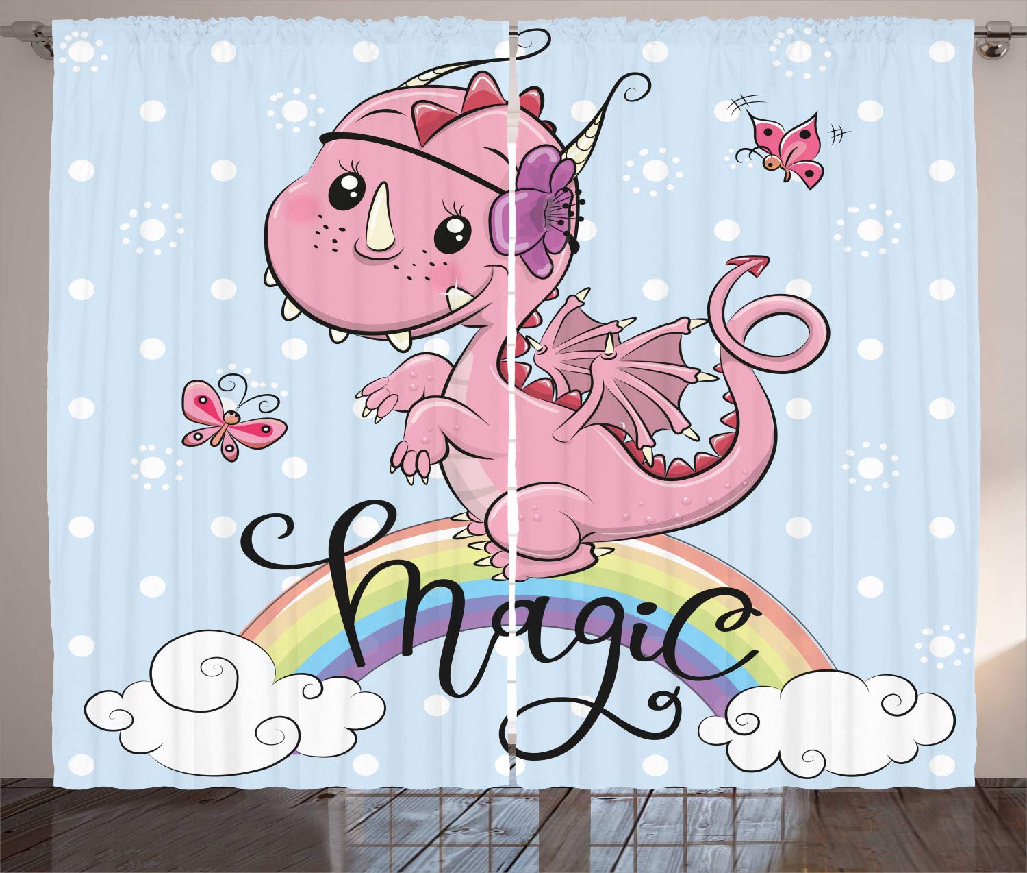 Ambesonne Dragon Print Curtains - Pink Cartoon Animal & Rainbow Magic Typography Design, 2 Panel Set 108