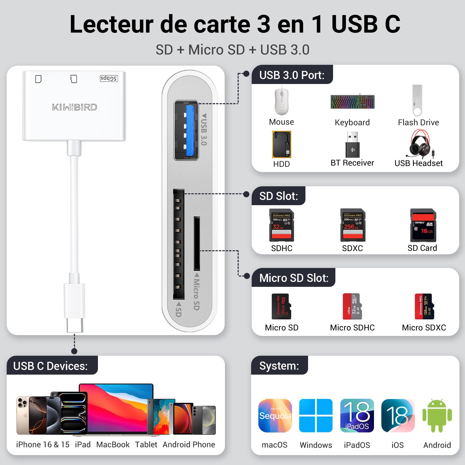 KiWiBiRD USB C SD Card Reader Adapter - Compatible with iPhone 16/15/Plus/Pro/Max, MacBook Air, iPad, iMac, Galaxy S24/S23 & Android Phones - Supports SDHC/SDXC/TF Cards - Perfect for Photo Transfer & Mobile Storage Expansion