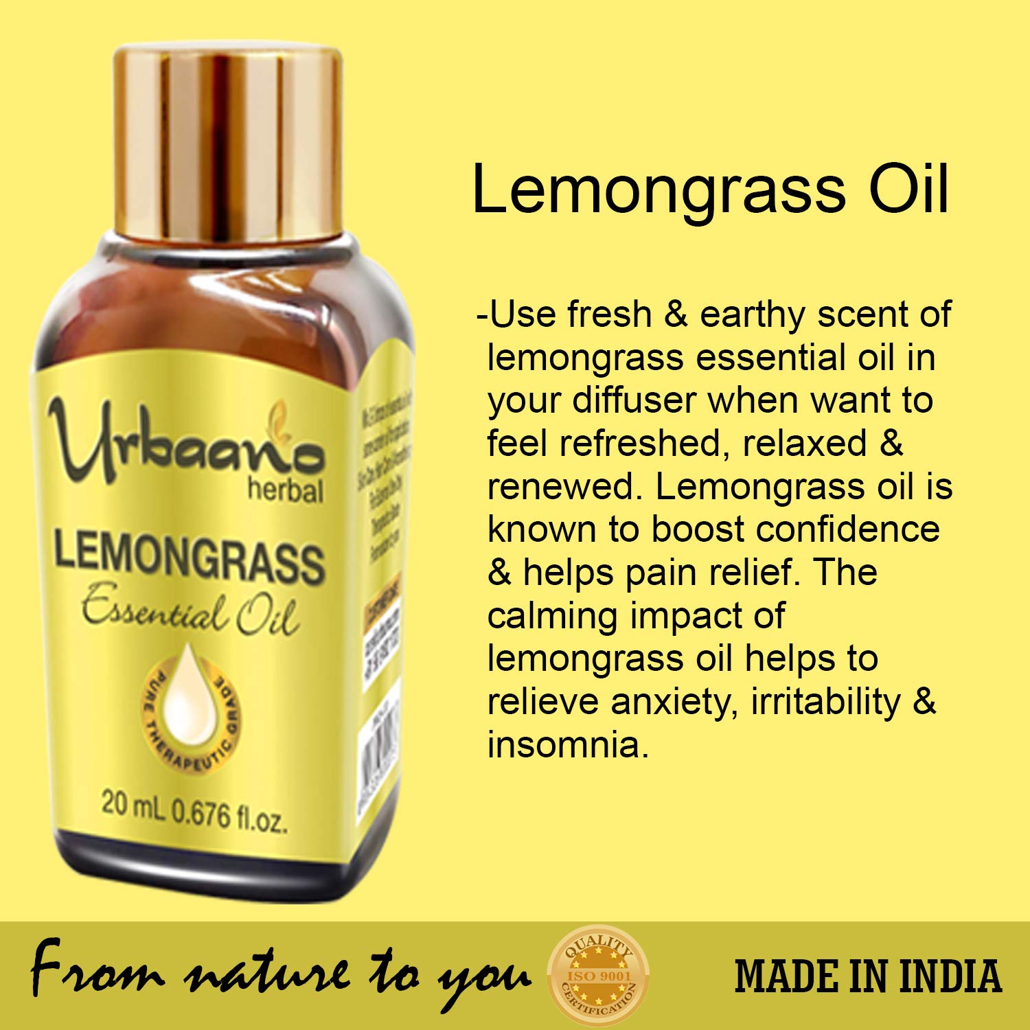 UBRAANO 100% Pure Lemongrass Essential Oil - Undiluted, Therapeutic Grade for Face, Skin & Hair Care - Aromatherapy, Massage & Relaxation - 20ml in Elegant Gift Pack