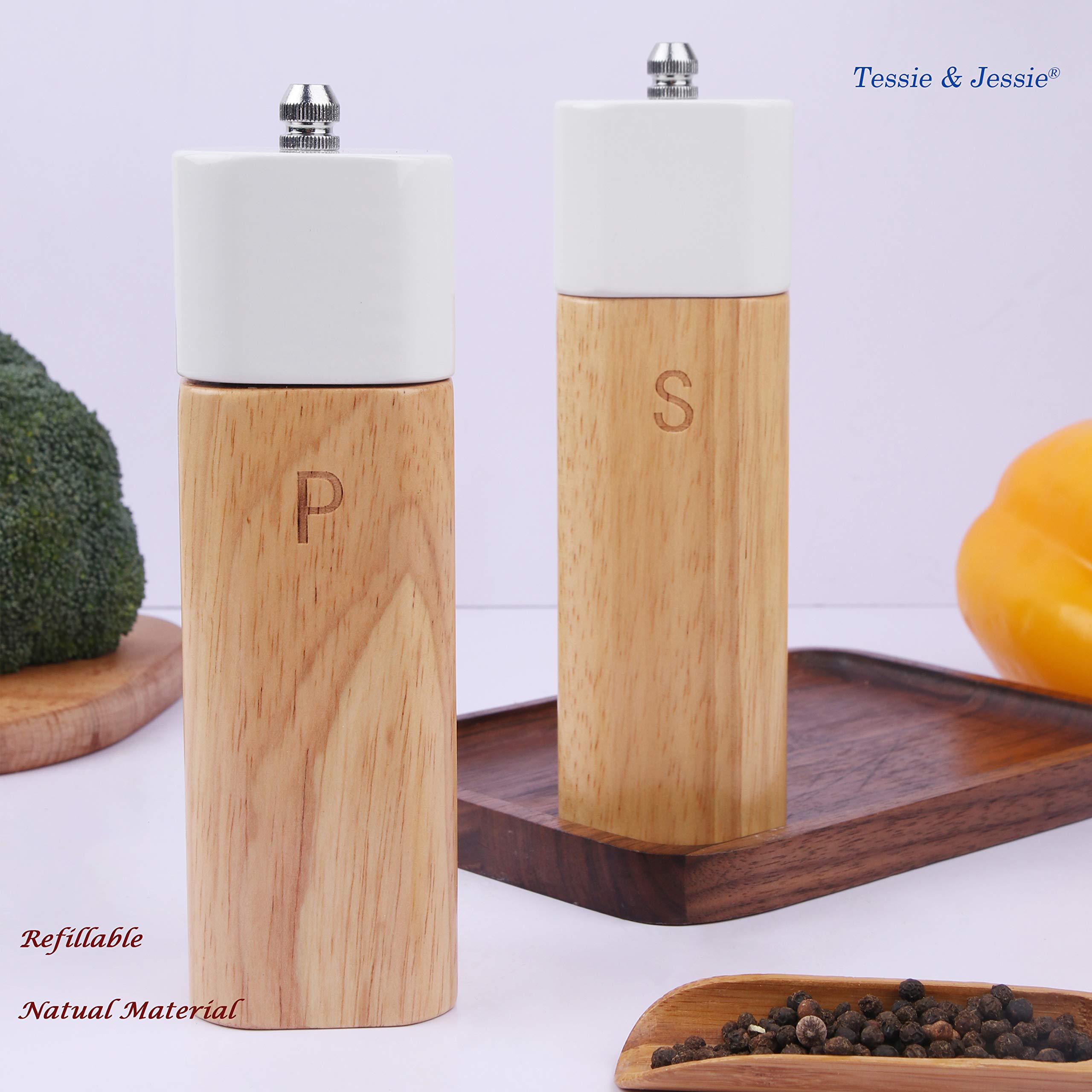 Premium Wooden Salt and Pepper Grinder Set - Refillable 6