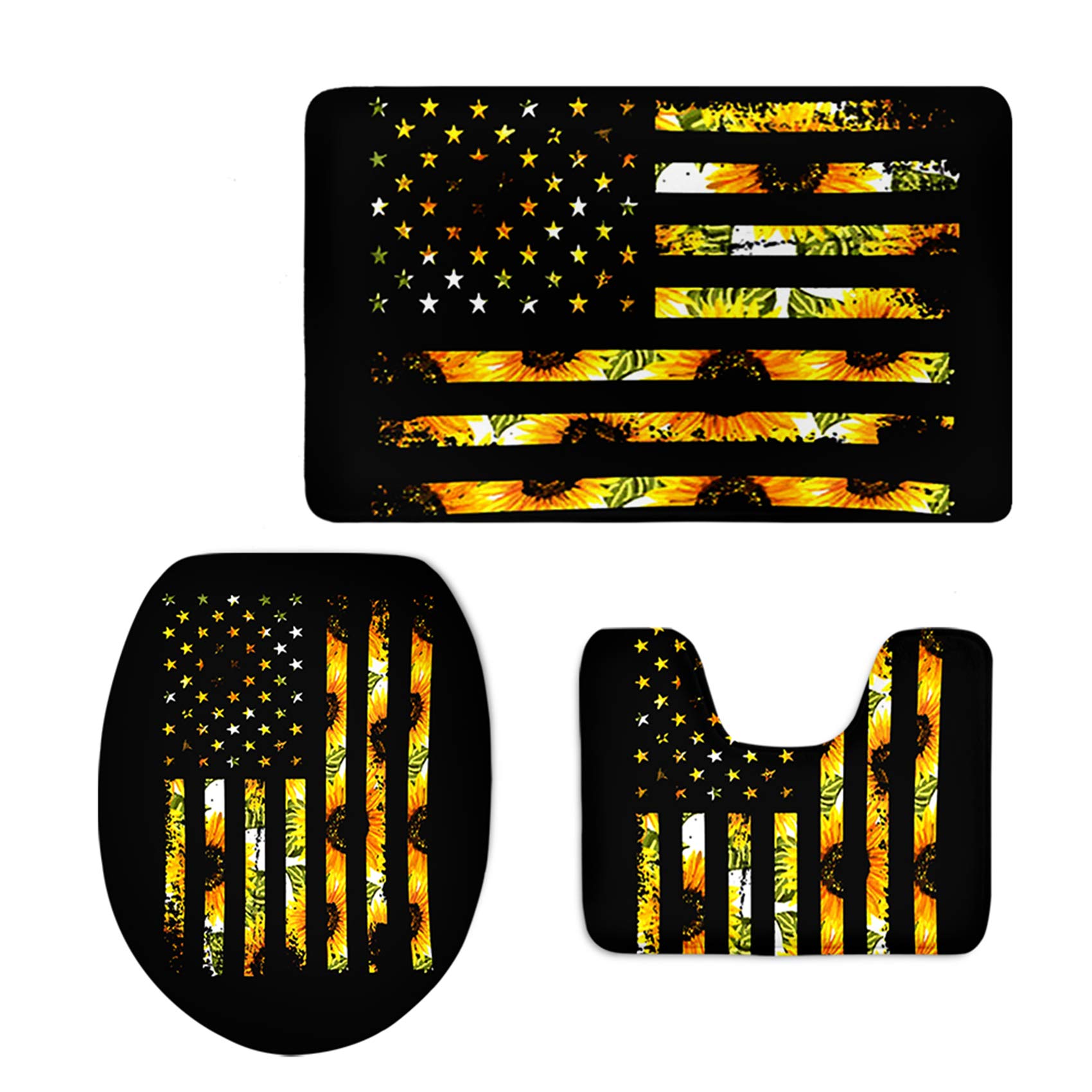 UNICEU American Flag Sunflower Black Stripe 3-Piece Bathroom Rug Set - Non-Slip Toilet Lid Cover & Pedestal Mat, Contour Pads for Safety | Perfect for Farmhouse, Patriotic & Vintage Style Bathroom Decor