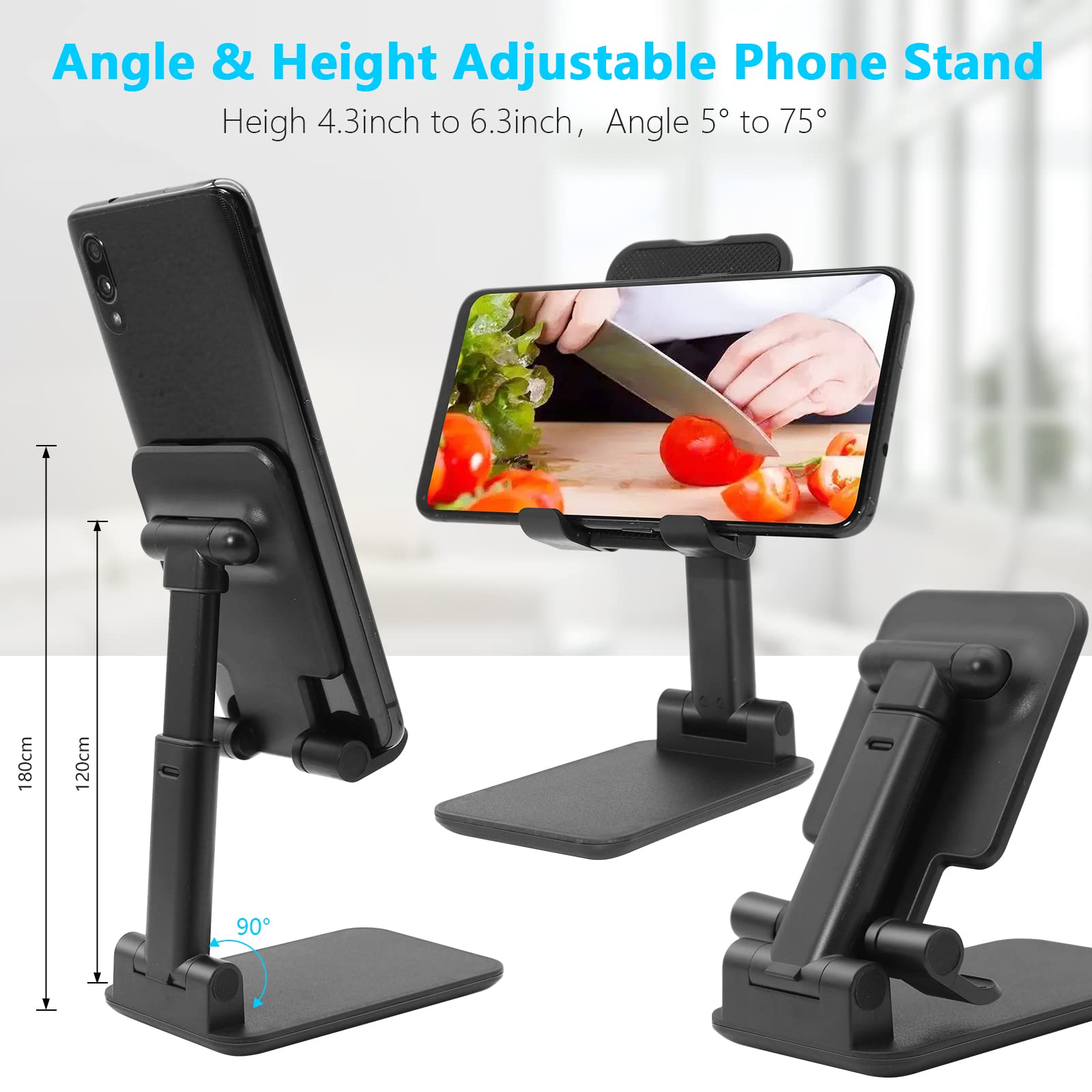Adjustable Folding Phone Stand for Desk - Universal Cell Phone & Tablet Holder (4-10 Inch) - Perfect for Office, Home, Video Calls & Hands-Free Viewing (Black)
