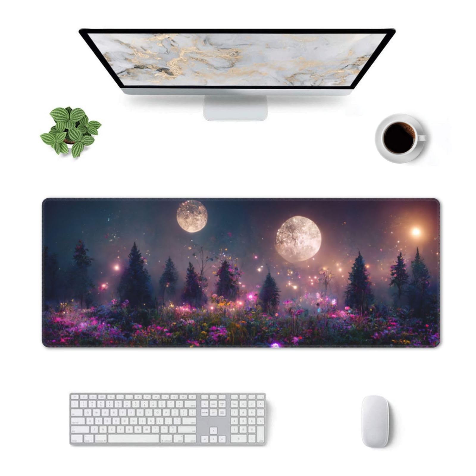 Yrebyou Forest Moon Large Gaming Mouse Pad - 31.5x11.8 Inch Extended Non-Slip Rubber Desk Mat with Stitched Edges & Waterproof Surface - Perfect for PC Gaming, Office Work & Home Computer Setup