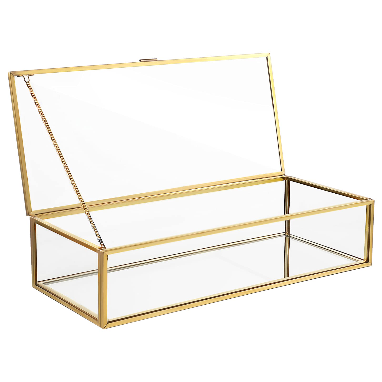 Vintage Glass Jewelry Box with Mirror Bottom - Golden Metal Jewelry Organizer for Women, Bridal Keepsake Box - Perfect for Wedding Gifts, Bridal Party Favors & Bathroom Jewelry Storage