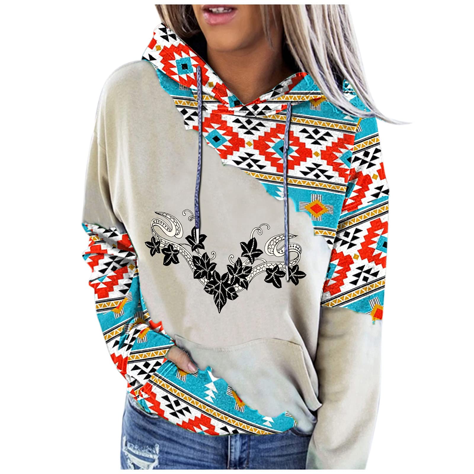 Vintage Ethnic Print Women's Zip Up Hoodie with Drawstring & Pockets - Long Sleeve Pullover Sweater for Casual Wear, Street Fashion & Outdoor Activities