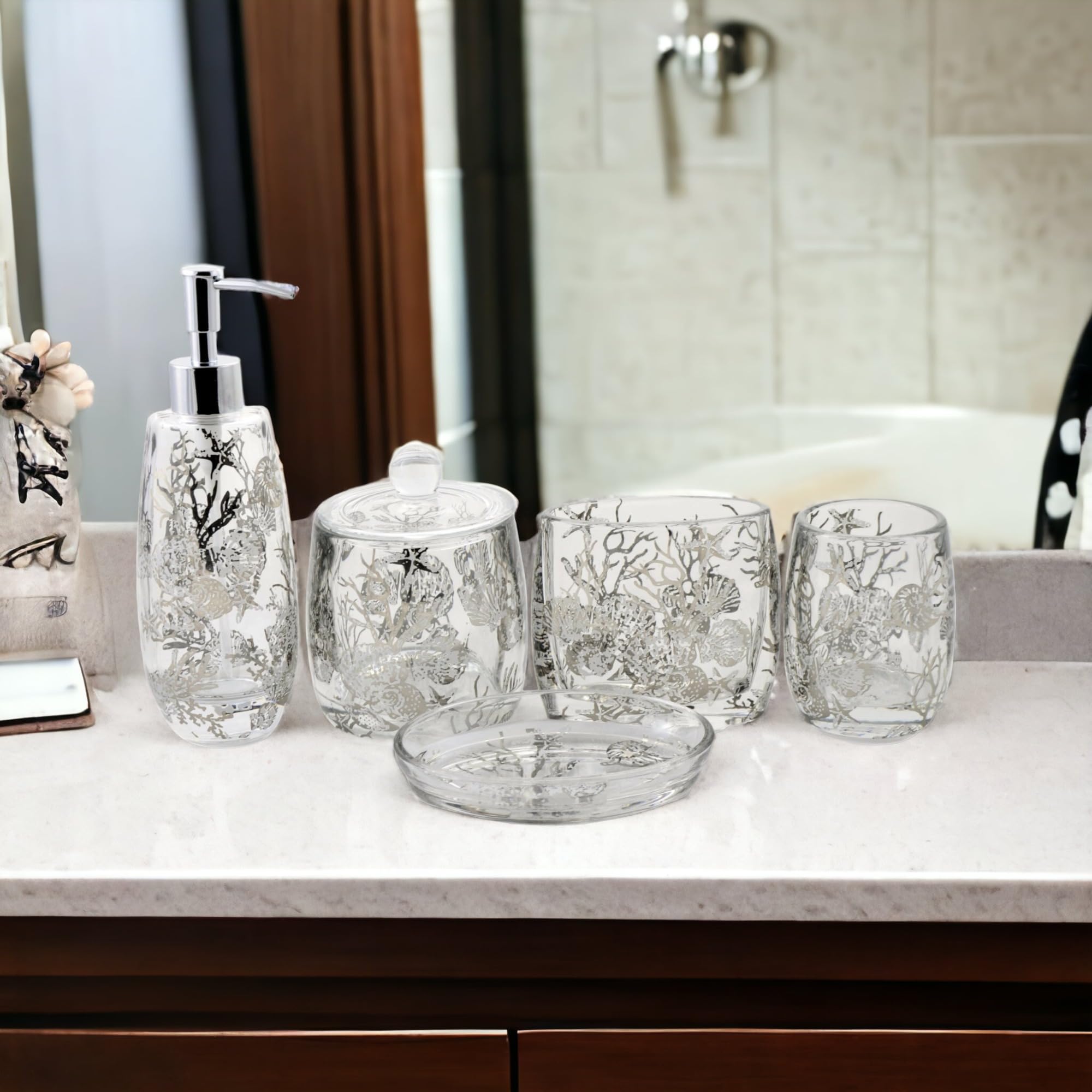 5-Piece Glass Bathroom Accessories Set with Antler Design - Nature Inspired Home Decor for Bathroom, Spa, and Cabin Style Decorating