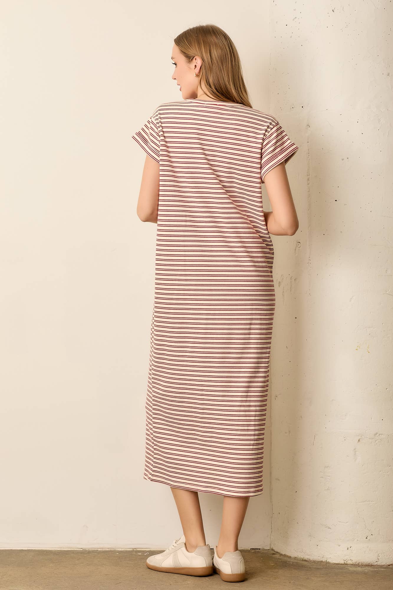 Women's Striped Maxi T-Shirt Dress in Cream & Red - Casual Summer Beach Dress for Outings, Vacations, and Relaxing
