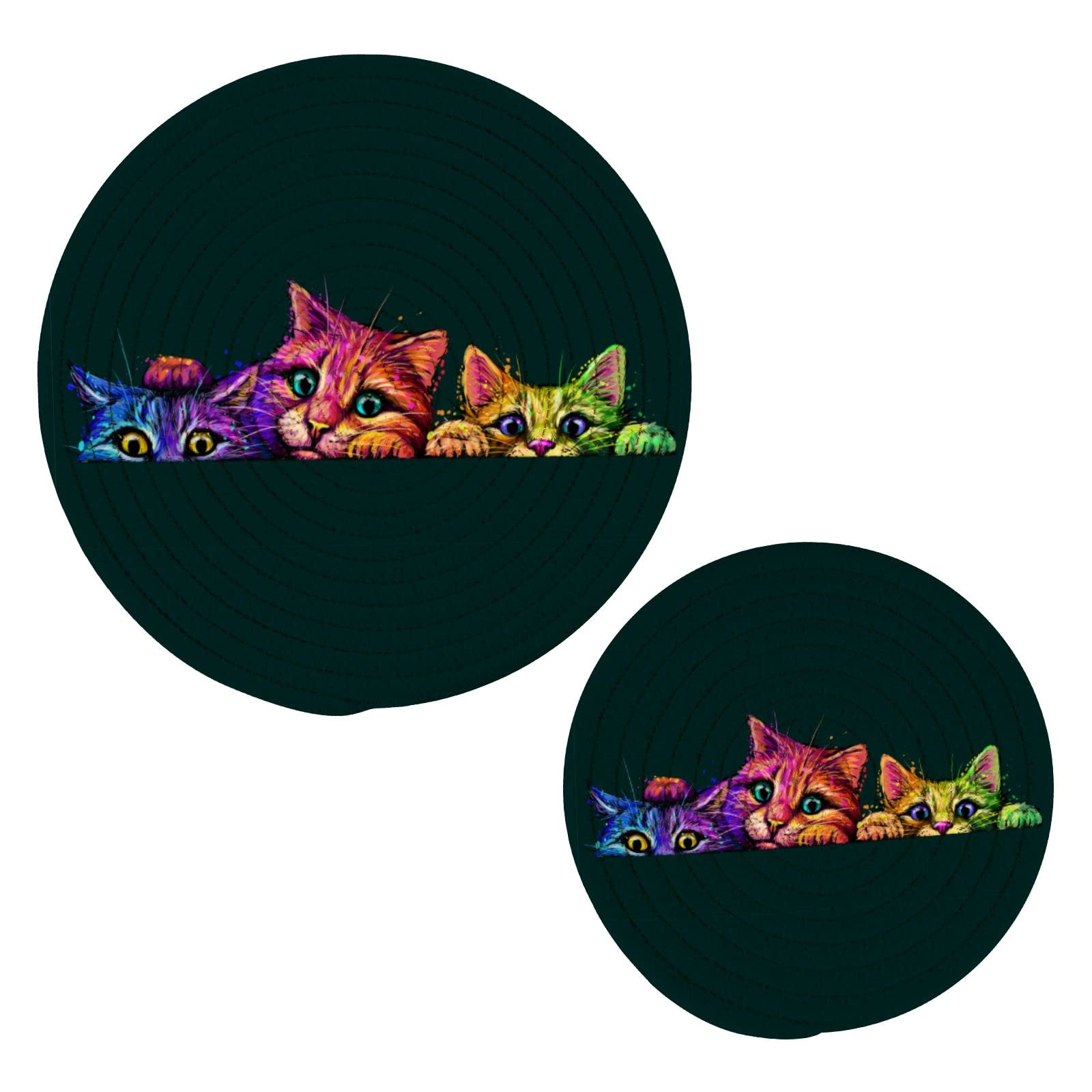 3-Piece Heat Resistant Kitchen Pot Holders Set - Curious Cats Design Thread Weave Trivets for Hot Pans, Bowls & Teapots - Perfect for Cooking, Baking & Home Decor
