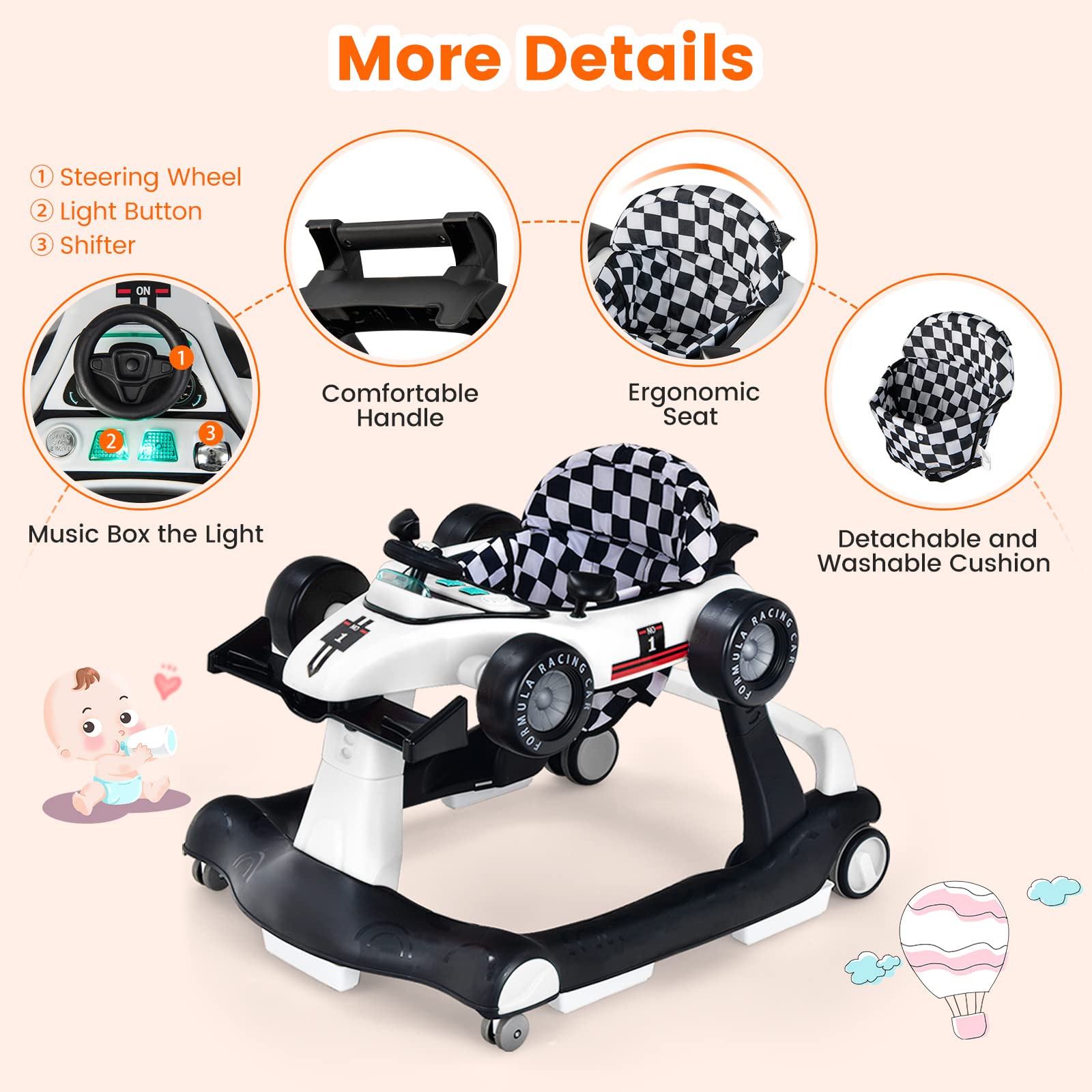 HONEY JOY 4-in-1 Baby Walker & Activity Push Walker with 3 Adjustable Heights, Smooth Wheels, Speed Control, Padded Seat, Music & Lights - Foldable Infant Walker for Boys & Girls 6-24 Months (White) - Perfect for Learning to Walk, Playtime & Indoor Activities