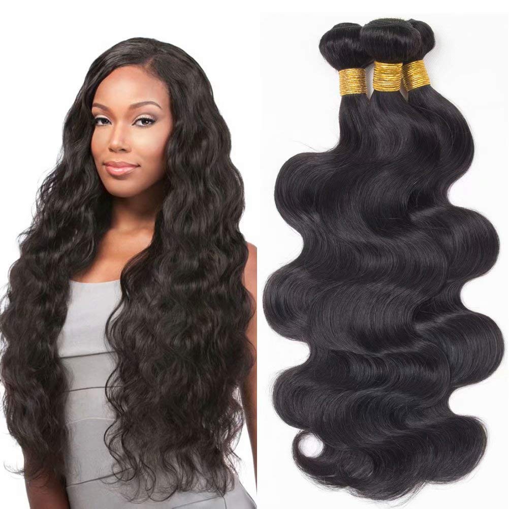 FEEL ME Brazilian Body Wave Hair 3 Bundles (14 16 18 Inch) - 100% Unprocessed Virgin Human Hair Weave - Natural Black Hair Extensions for Women - Perfect for Styling, Weaving & Protective Hairstyles