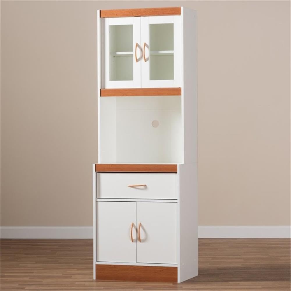 BOWERY HILL Modern White and Cherry Kitchen Pantry Cabinet with Hutch & Storage Drawer - Perfect for Small Space Organization, Farmhouse Decor, and Kitchen Storage Solutions