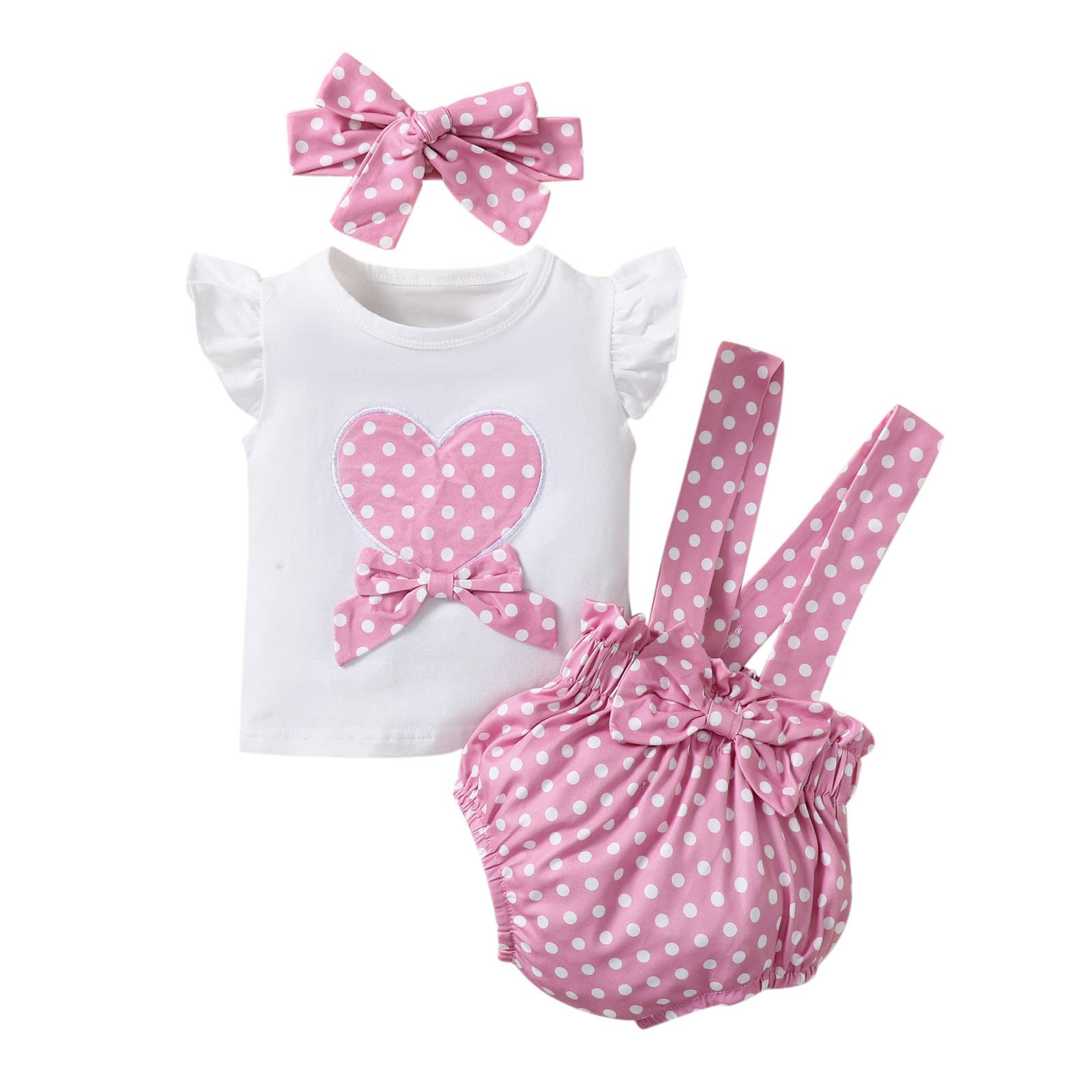 Lykmera Baby Girl Outfits - Ruffled Sleeve Dot Print Bowknot T-Shirt & Suspenders Shorts Set with Headband | Cute Toddler Clothes for Playdates, Birthday Parties & Photo Shoots