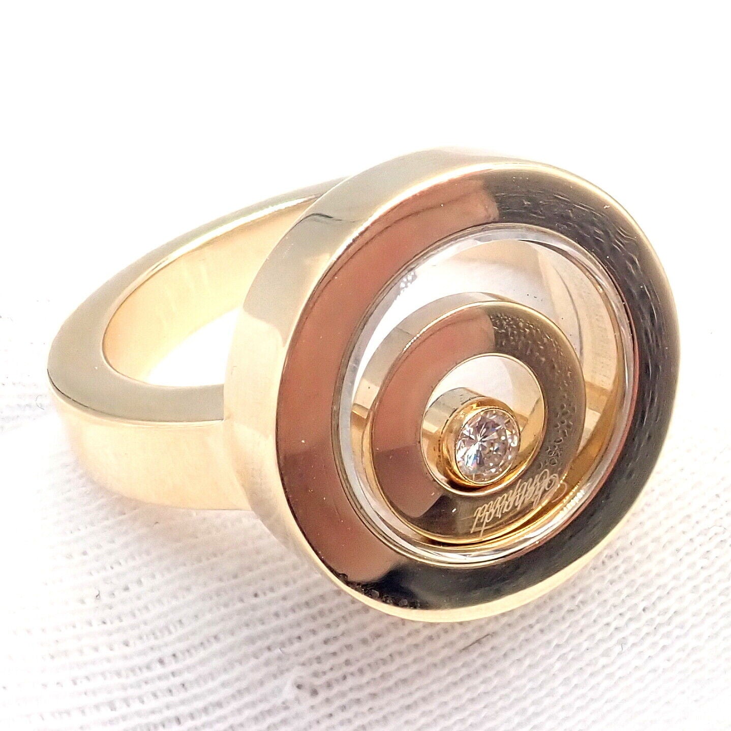 Authentic Chopard 18k Yellow Gold Diamond Double Circle Happy Spirit Ring - Luxury Jewelry for Women, Elegant Gift for Anniversary & Special Occasions
