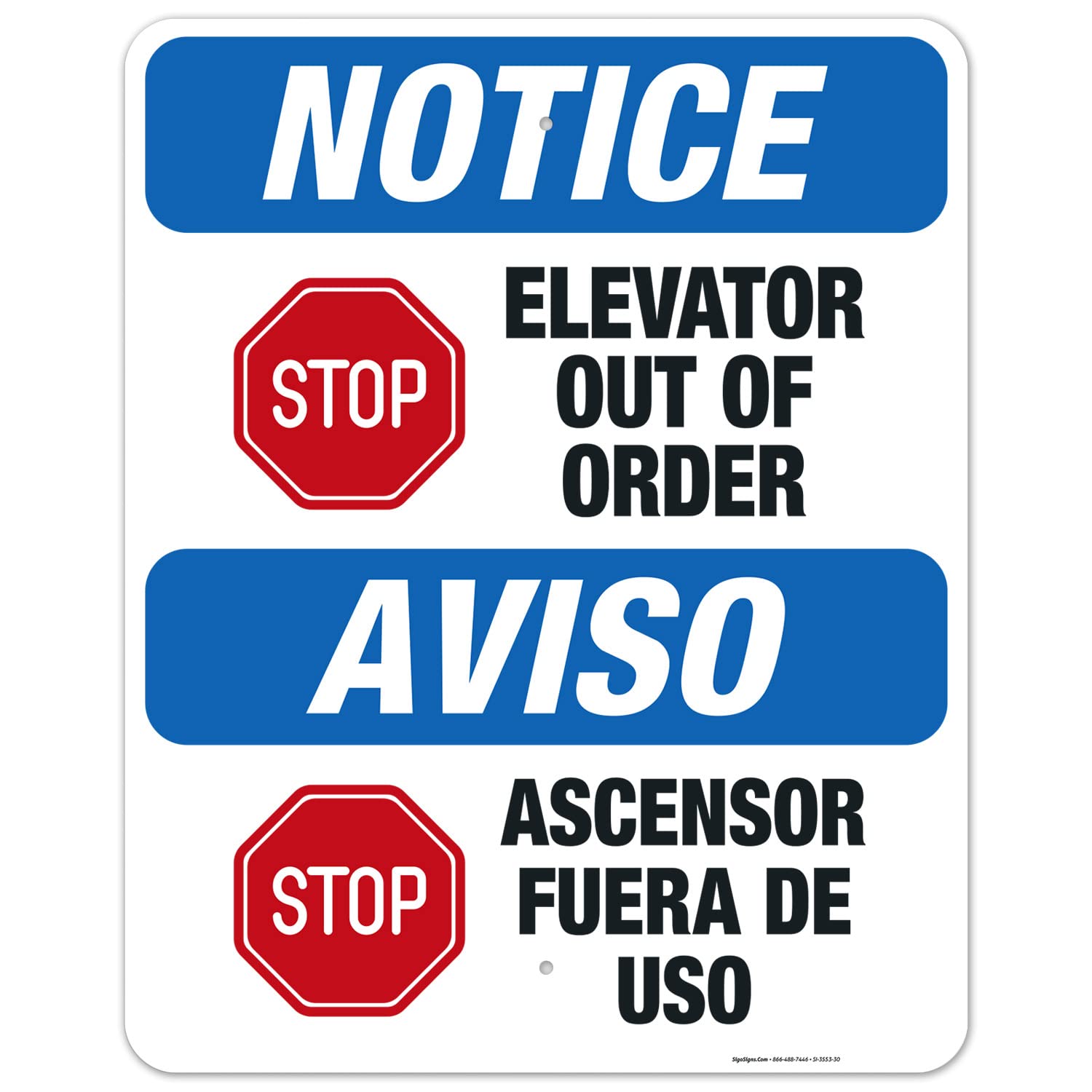 Out of Order Elevator Bilingual Sign (English/Spanish) - OSHA Compliant 24x30 Inches - Rust-Free .063 Aluminum for Indoor & Outdoor Use - Fade Resistant - Made in USA - Perfect for Buildings, Offices & Public Spaces