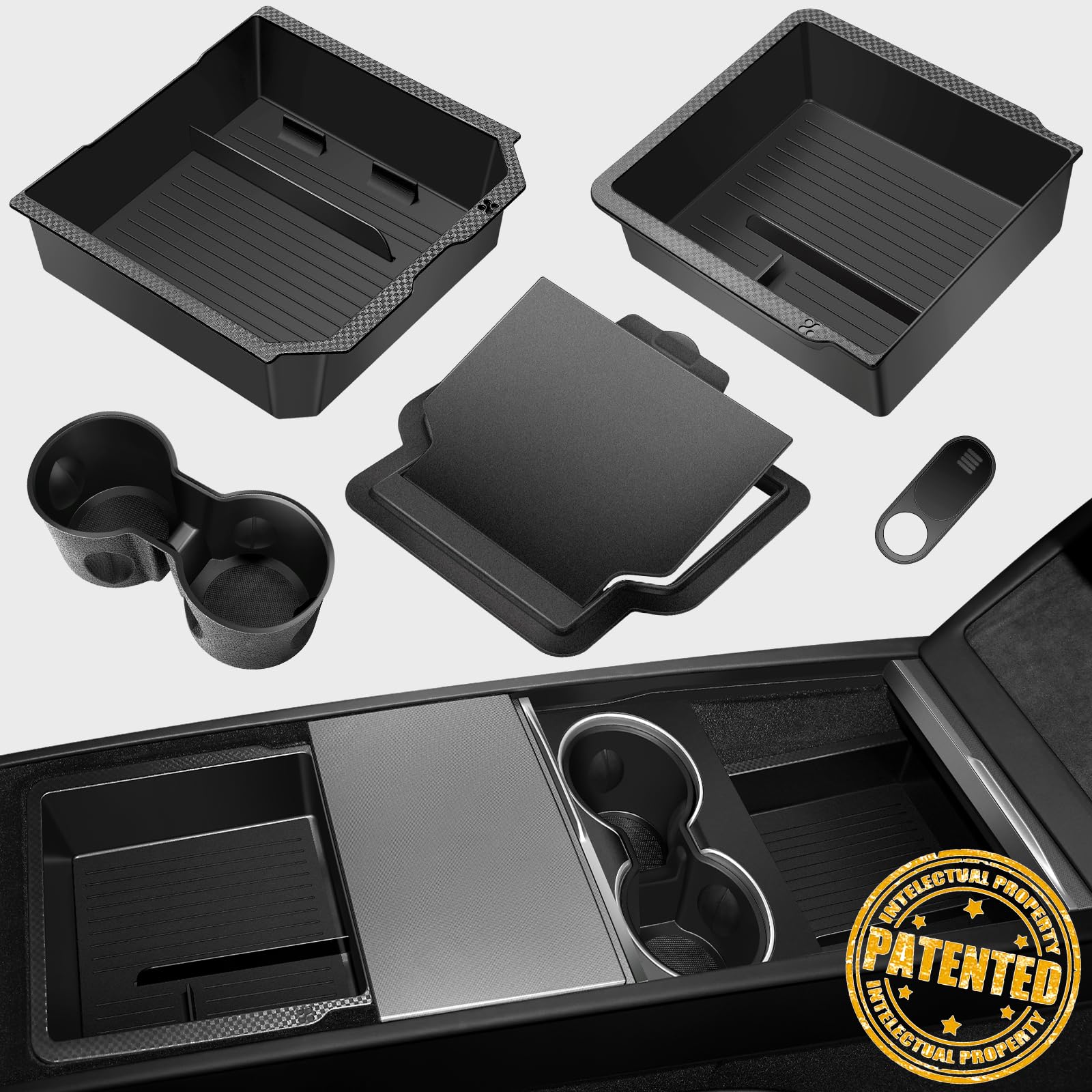 Premium Tesla Model 3 & Y Center Console Organizer Set (5-Piece) - Hidden Storage Box, Cup Holder & Armrest Drawer Tray for 2024-2025 Highland/Juniper Models - Perfect for Road Trips & Daily Commute Organization