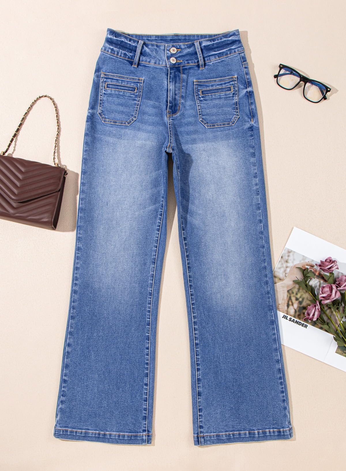 Sidefeel Women's High Waisted Wide Leg Jeans - Tummy Control Stretchy Denim Pants with Front Pockets & Zipper | Casual Comfort for Work, Travel & Everyday Wear