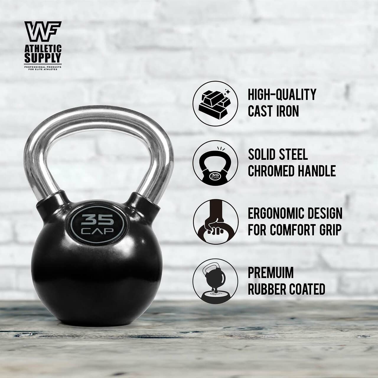 WF Athletic Supply Rubber Coated Kettlebell with Chrome Handle - 10lb to 35lb Single Kettlebells & 100lb to 135lb Kettlebell Sets with Rack - Perfect for Home Gym, CrossFit, Strength Training and Full Body Workouts