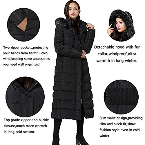 Molodo Women's Long Down Coat with Fur Hood - Maxi Down Parka Puffer Jacket for Winter - Warm Outerwear for Cold Weather, Snow, and Outdoor Activities
