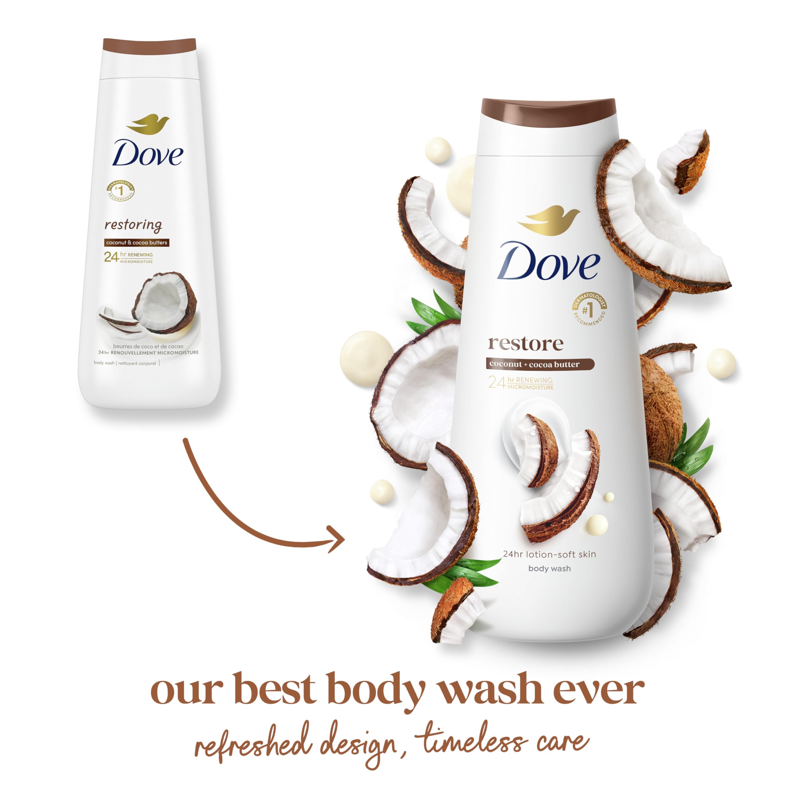 Dove Body Wash with Coconut & Cocoa Butter - 24 Hour Moisturizing Skin Cleanser for Soft Skin | Sulfate-Free, Paraben-Free | 20 oz | Perfect for Dry Skin & Daily Shower Hydration
