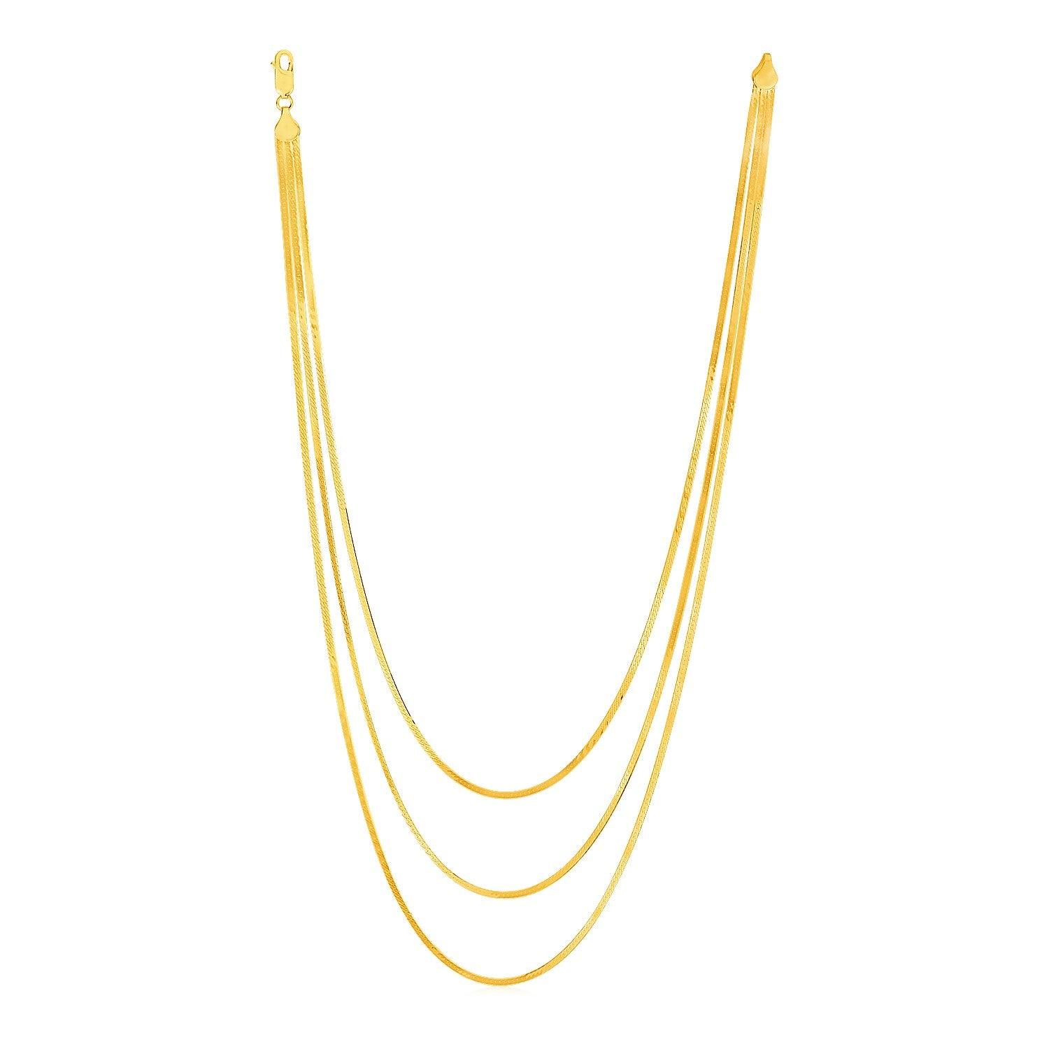 14K Yellow Gold Three Strand Herringbone Chain Necklace for Women - Elegant Layered Necklace Jewelry Gift for Her, Perfect for Weddings, Parties & Everyday Wear