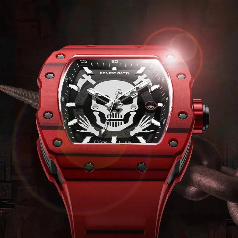 BONEST GATTI Men's Luxury Automatic Skeleton Watch - Tonneau Mechanical Wristwatch with Carbon Fiber Bezel, Titanium Case & Sapphire Crystal - Skull Design with Luminous Hands - Perfect for Business, Formal Events & Collector's Display