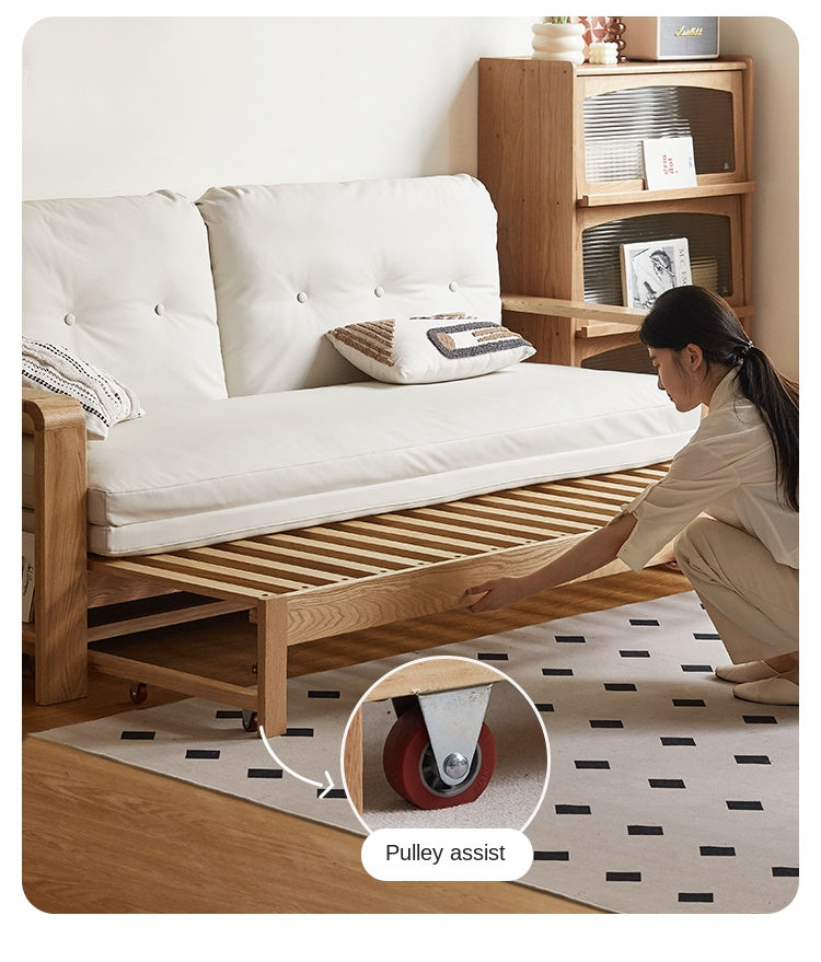 Oak Solid Wood Nordic Telescopic Sofa Bed - Space Saving Convertible Couch for Small Apartments & Guest Rooms | Modern Scandinavian Furniture for Living Room & Studio