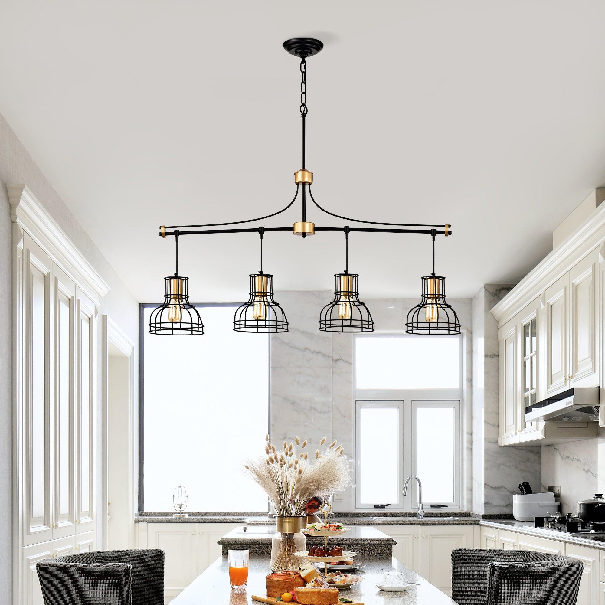 40 Inch Farmhouse Linear Chandelier - Matte Black & Gold Hanging Light Fixture with Metal Lampshade for Dining Room, Kitchen Island & Table Lighting | Rustic Home Decor, Modern Farmhouse Interior Design