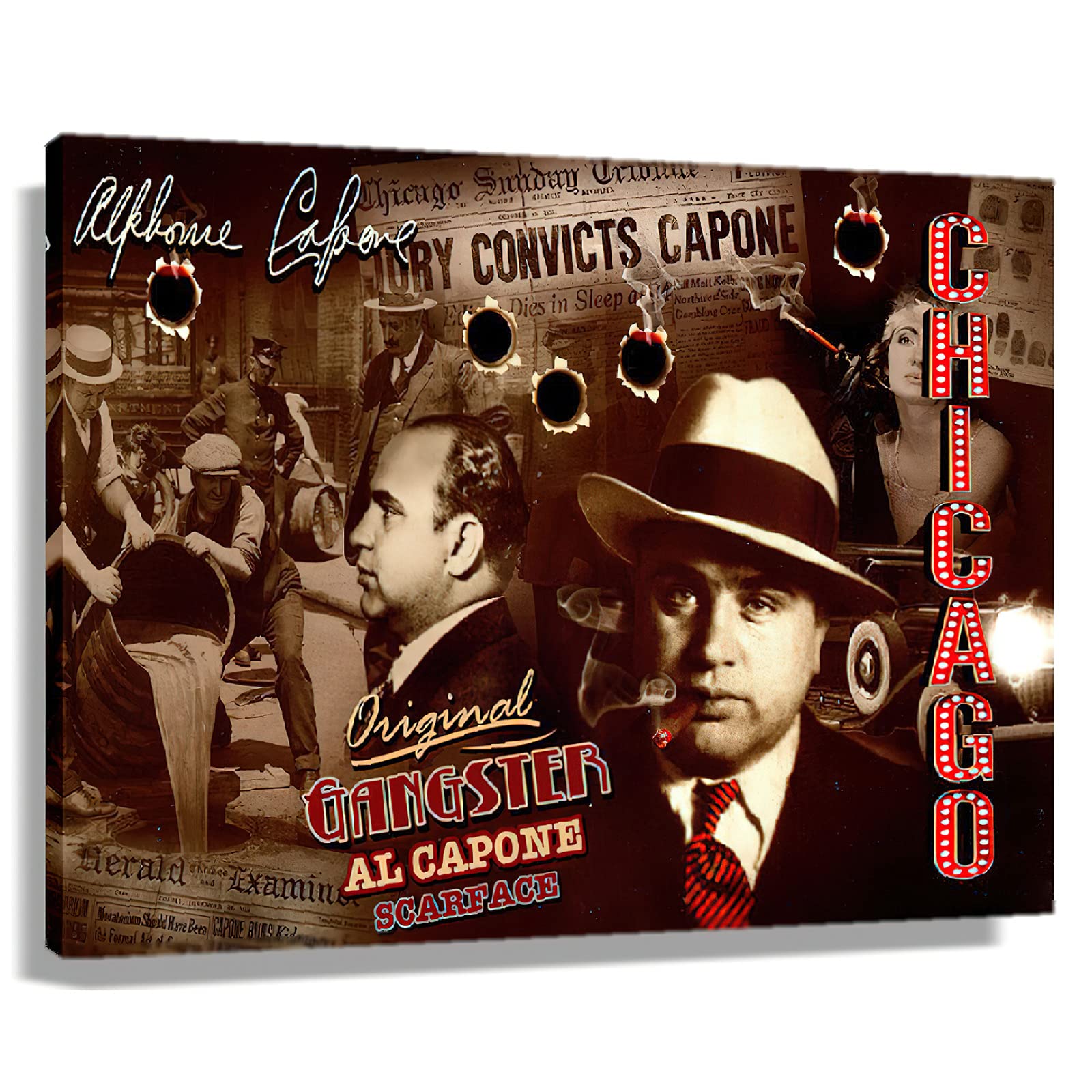 Al Capone Gangster Poster - Vintage Mafia Wall Art Canvas Print (12x18 inch/30x45cm) for Living Room Decor, Mobster Gift Idea - Perfect for Home Office, Man Cave & Gangster Theme Parties