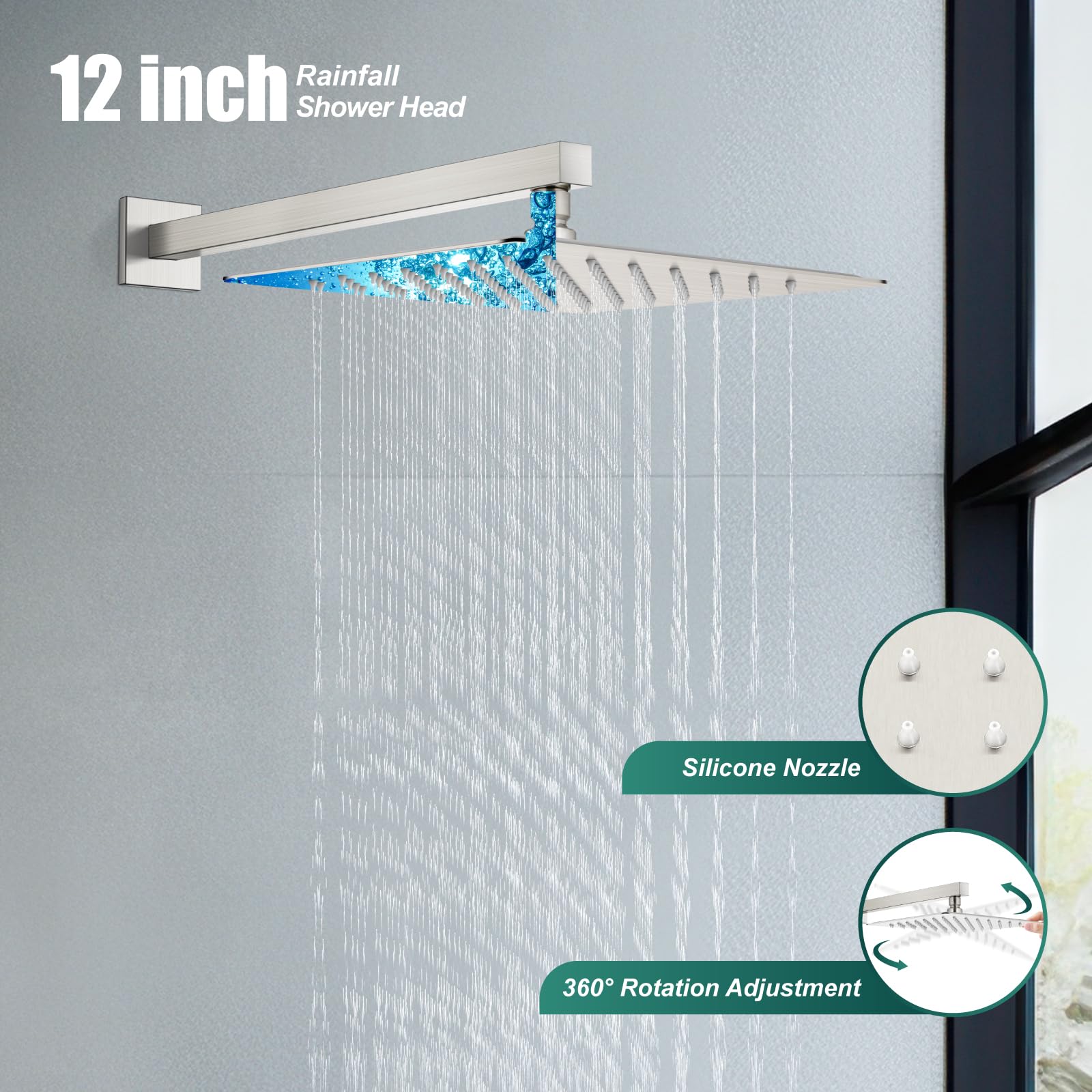 Premium 12 Inch Square Rain Shower System - 2 in 1 Wall Mount Shower Head with Handheld Sprayer, High Pressure Rainfall Shower Faucet Set in Brushed Nickel - Perfect for Modern Bathroom Renovation & Spa-Like Shower Experience
