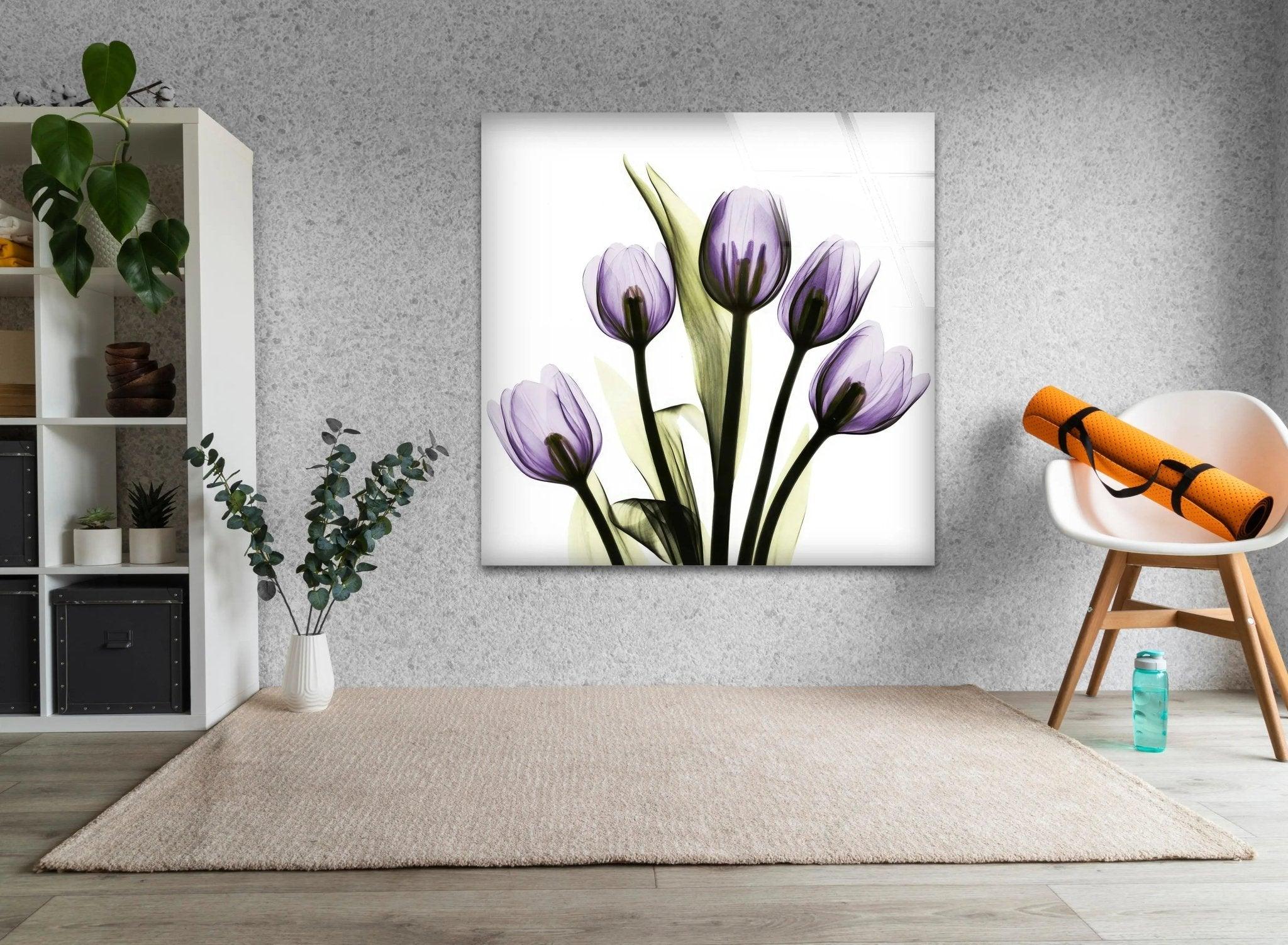 Albert Koetsier Xray Five Tulips In Purple Glass Wall Art - Modern Floral Canvas Print for Living Room, Bedroom & Office Decor