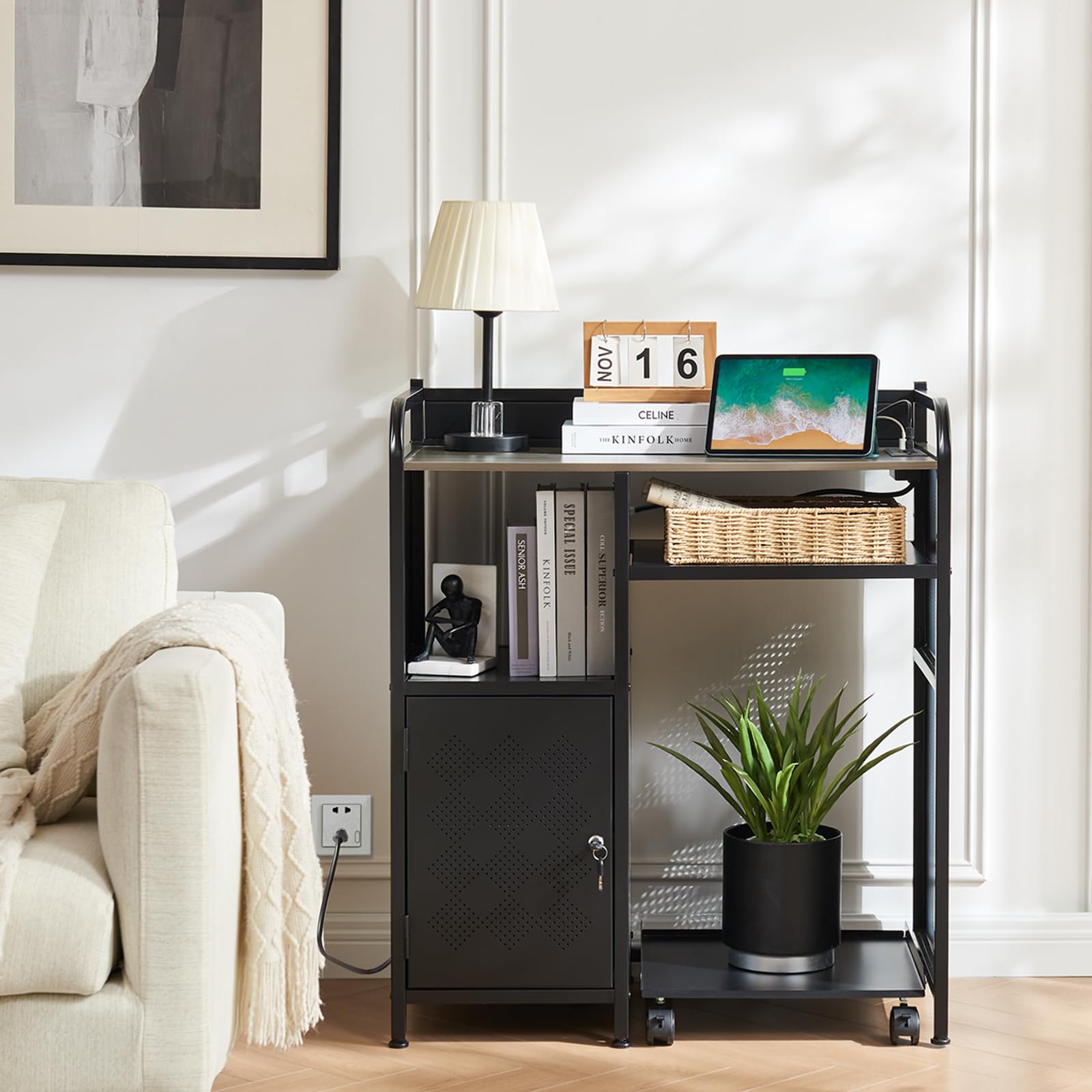 Heavy-Duty Printer Stand with Storage - Adjustable Printer Table with Power Outlet & USB Ports - Home Office Desk Organizer with Paper Shredder Shelf & PC Tower Stand on Wheels - Perfect for Workspace Organization & Multi-Functional Home Office Setup