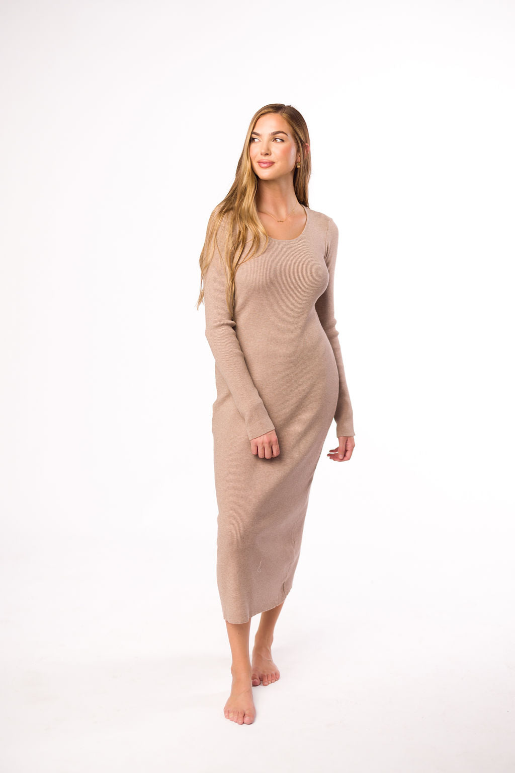 Gwen Ribbed Midi Dress in Mocha - Women's Slim Fit Knit Bodycon Dress for Casual Wear, Date Night & Office Outfits