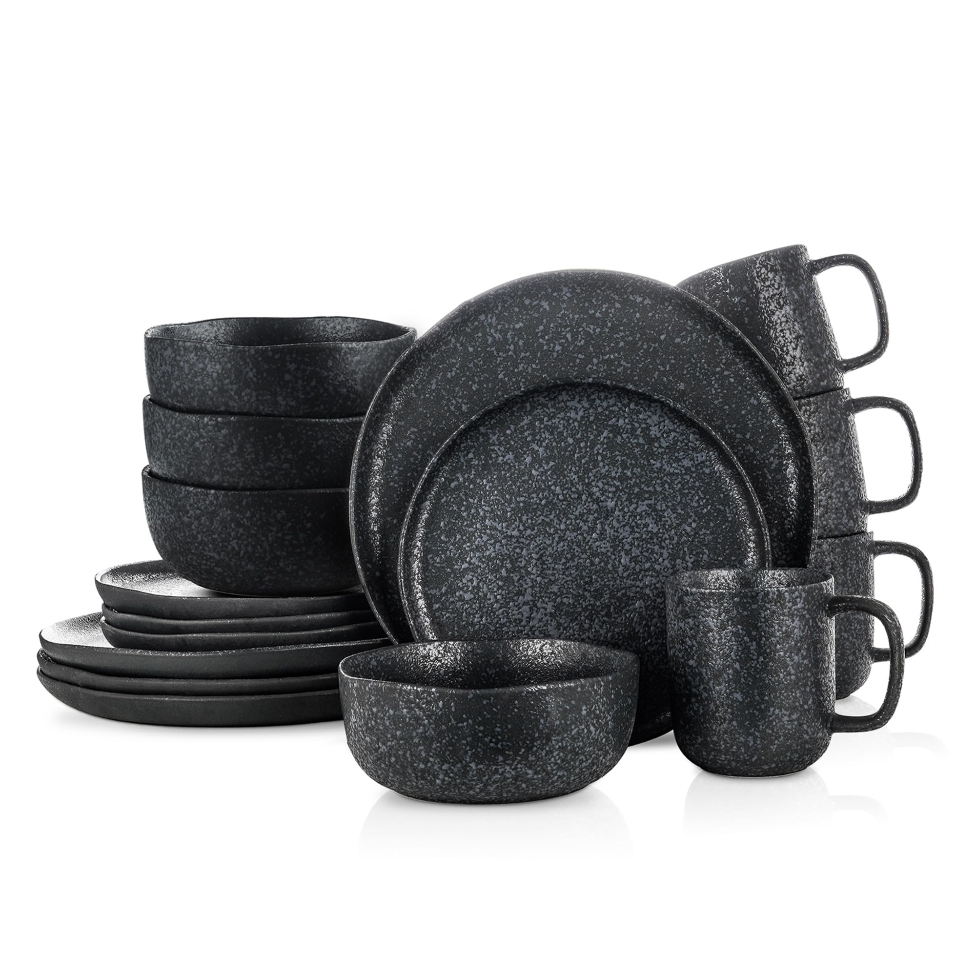16-Piece Stoneware Dinnerware Set - Reactive Glaze Plates & Bowls for 4 - Microwave & Dishwasher Safe - Black & White - Perfect for Family Dinners, Entertaining Guests & Everyday Use