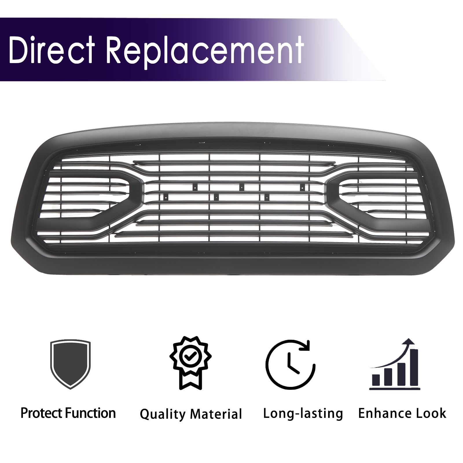 Replacement ABS Grille Compatible with 2013-2018 Ram 1500 Pickup Truck - Big Horn Style Matte Black Horizontal Grill with RAM Letters | Direct Fit Upgrade for Dodge Ram 1500 | Perfect for Off-Roading, Truck Customization & Car Shows