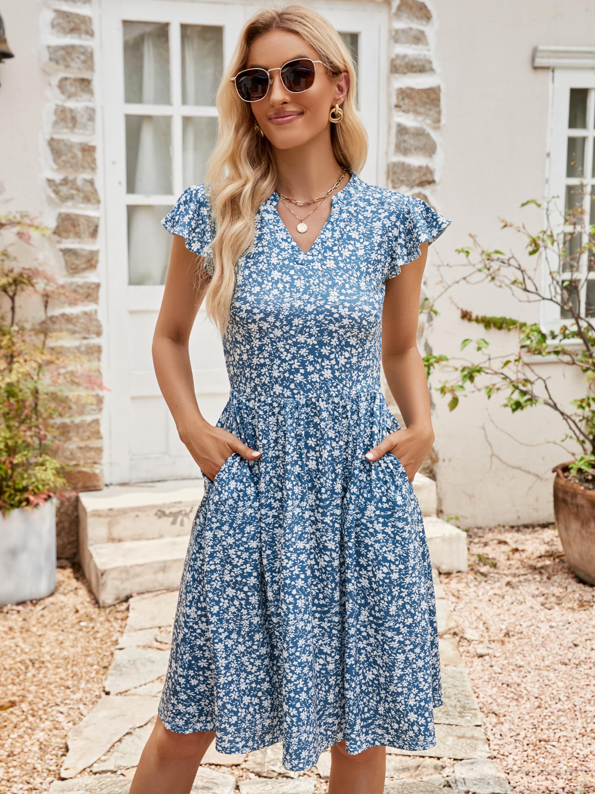 YATHON Women's Floral Fit and Flare Dress - Cute Summer A-Line Knee-Length Dress with Cap Sleeves & Pockets | Casual Outfit for Brunch, Beach Vacations & Date Nights 2025